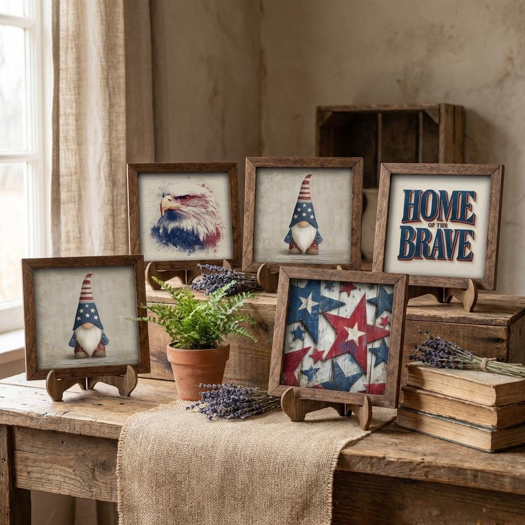 Patriotic Wood Sign Set of 5 | Farmhouse Americana Decor Bundle | 4th of July Tiered Tray Set | Rustic Shelf Sitter Gift Set - TheGrumpyRooster