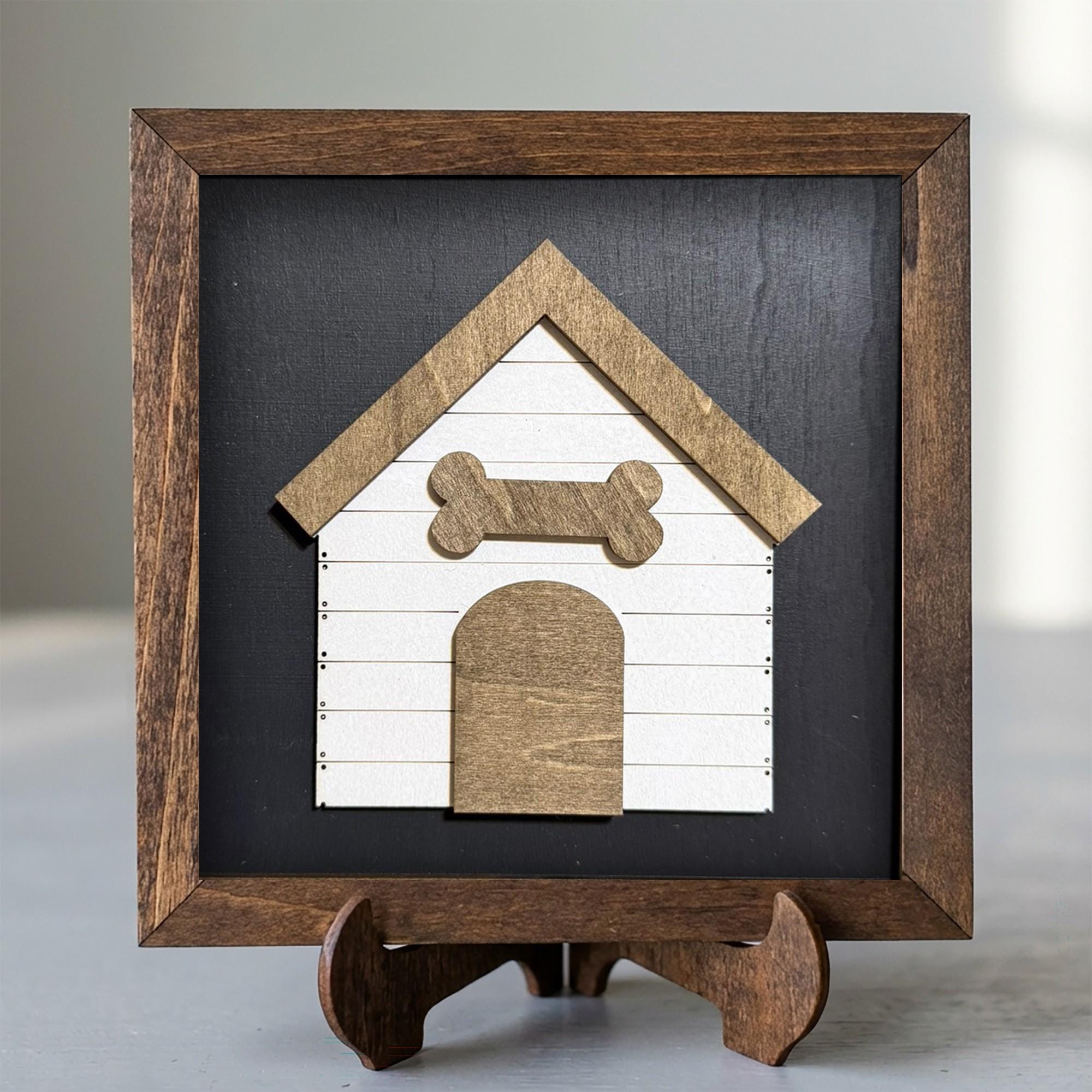 Framed Dog House Art Print | Rustic Farmhouse Shelf Decor (includes easel) | Dog Lovers Gift