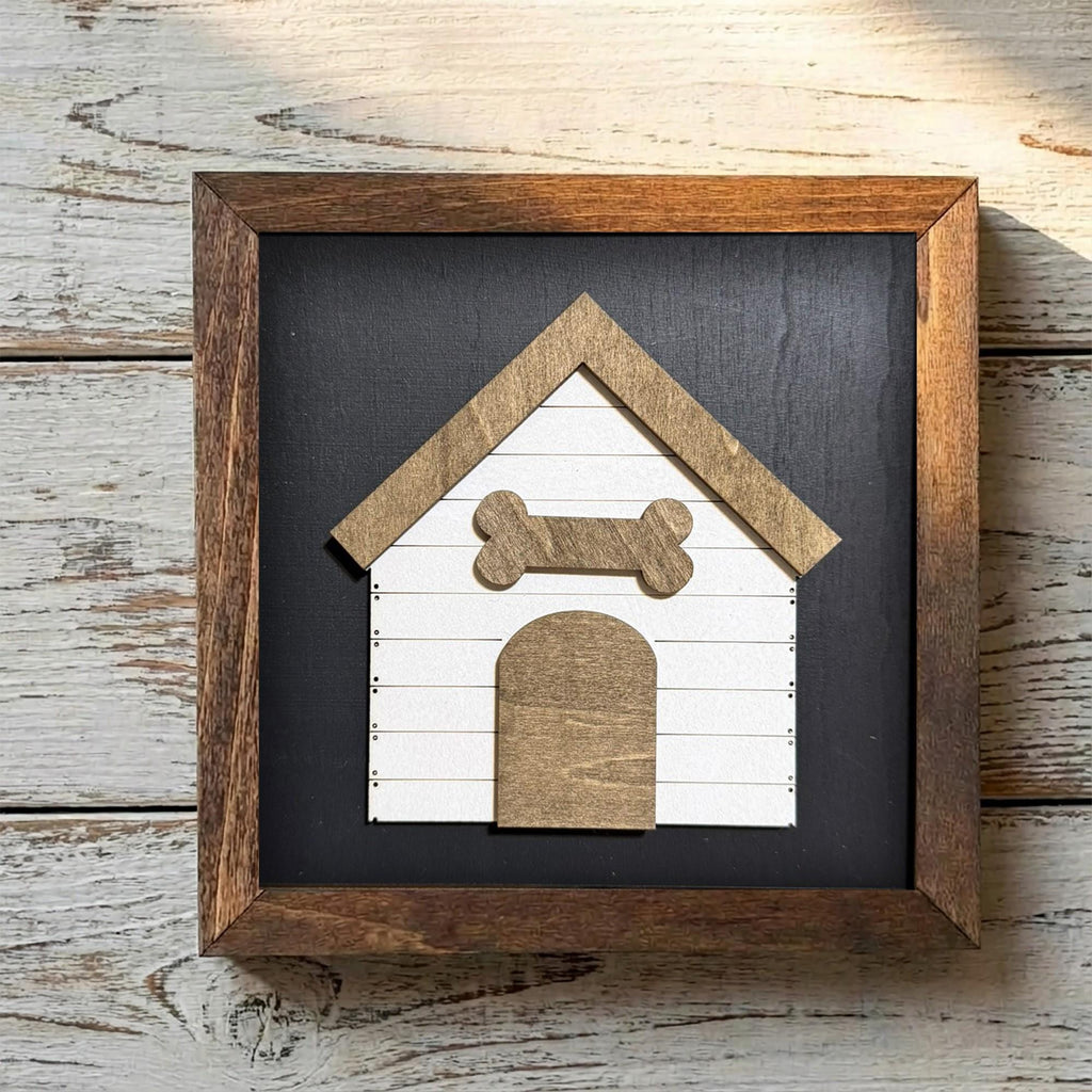 Framed Dog House Art Print | Rustic Farmhouse Shelf Decor (includes easel) | Dog Lovers Gift