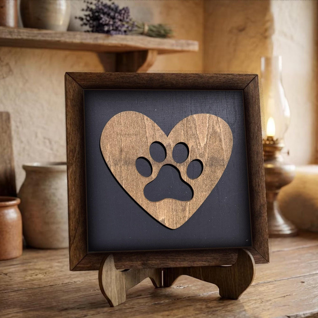 Framed Dog Paw Heart Art Print | Rustic Farmhouse Shelf Decor | Dog Lovers Gift