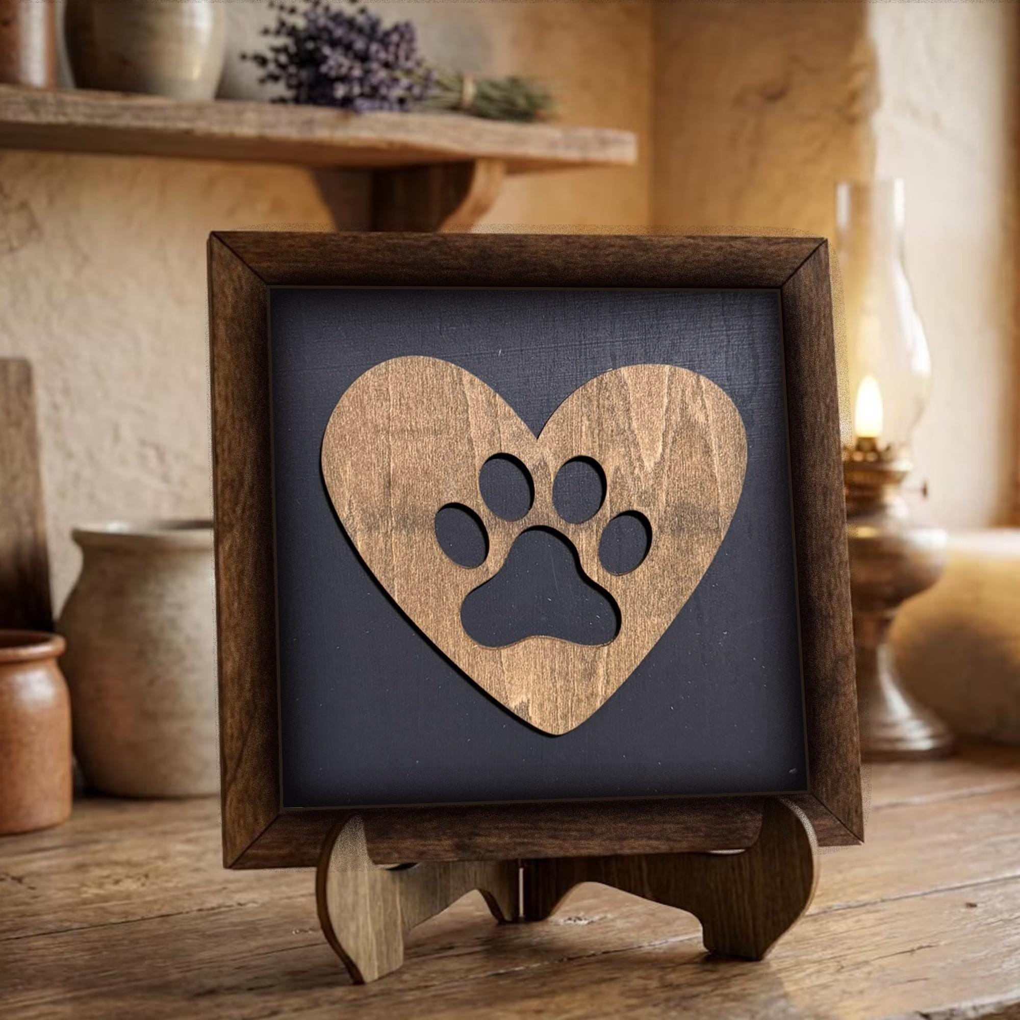 Framed Dog Paw Heart Art Print | Rustic Farmhouse Shelf Decor | Dog Lovers Gift