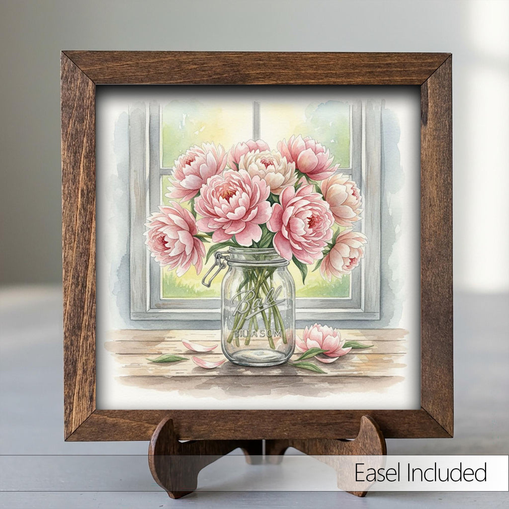 Peonies Flower Wall Art Sign – Rustic Mason Jar Framed Art Print - TheGrumpyRooster