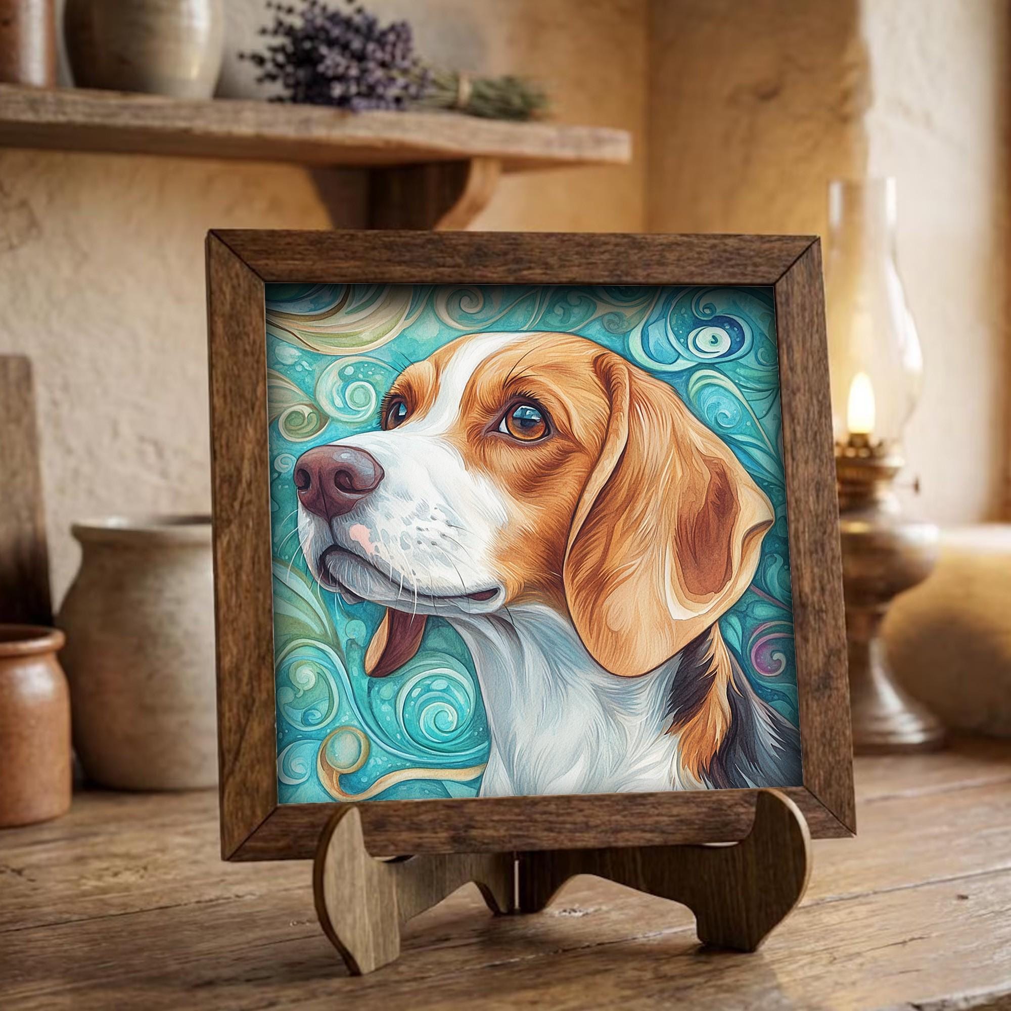 Tri-color with white blaze Beagle Dog Framed Art, Watercolor Beagle Portrait, 5.5 Inch Shelf Decor with Easel, Dog Lover Gift