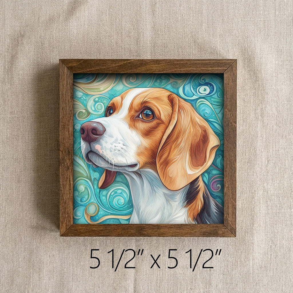 Tri-color with white blaze Beagle Dog Framed Art, Watercolor Beagle Portrait, 5.5 Inch Shelf Decor with Easel, Dog Lover Gift