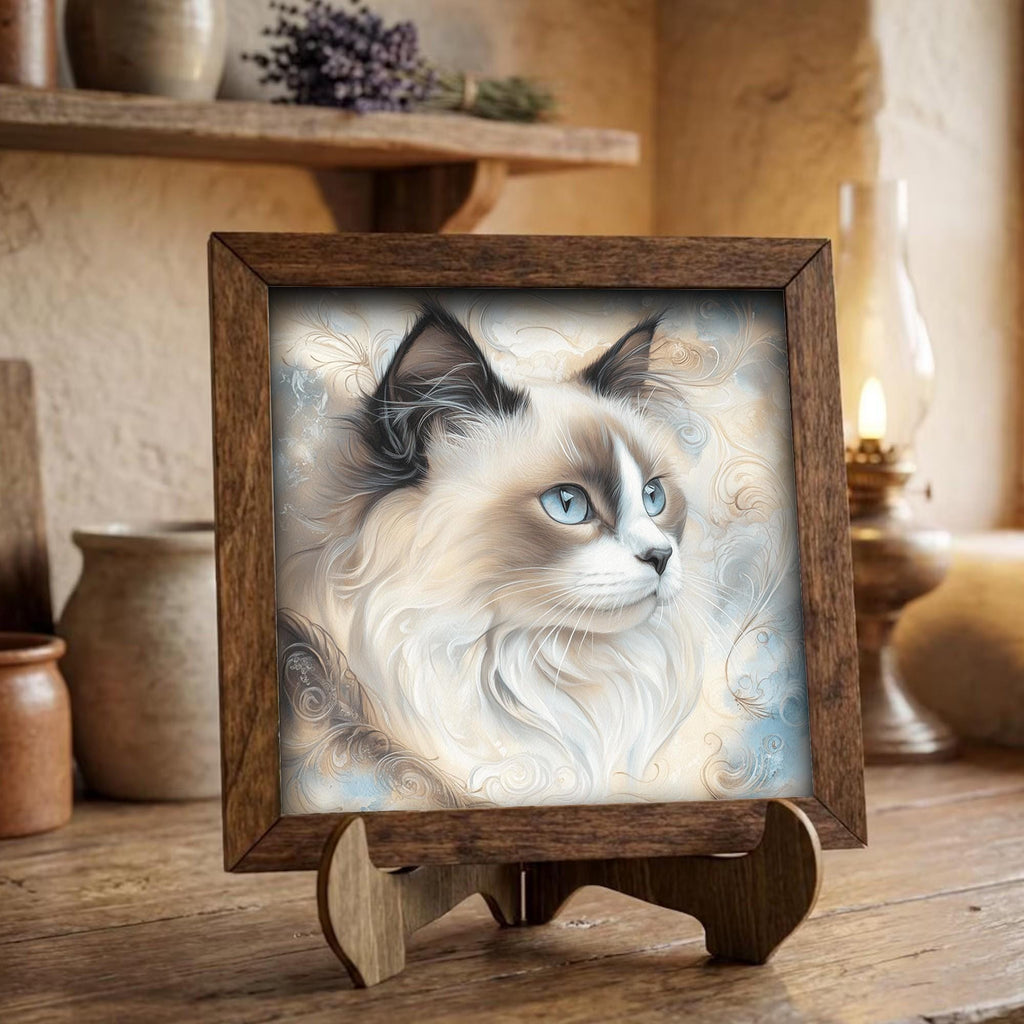 Framed Watercolor Cat Art Print | Rustic Farmhouse Shelf Decor