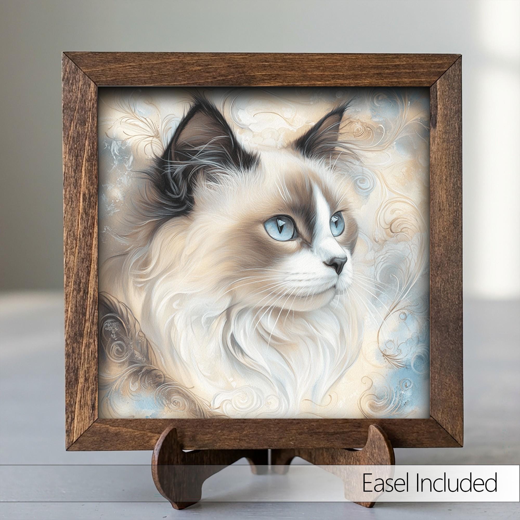 Framed Watercolor Cat Art Print | Rustic Farmhouse Shelf Decor