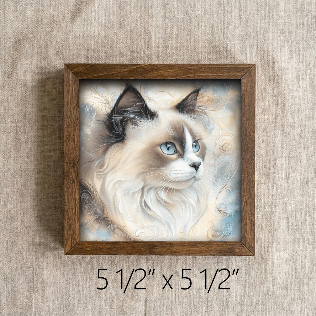 Framed Watercolor Cat Art Print | Rustic Farmhouse Shelf Decor