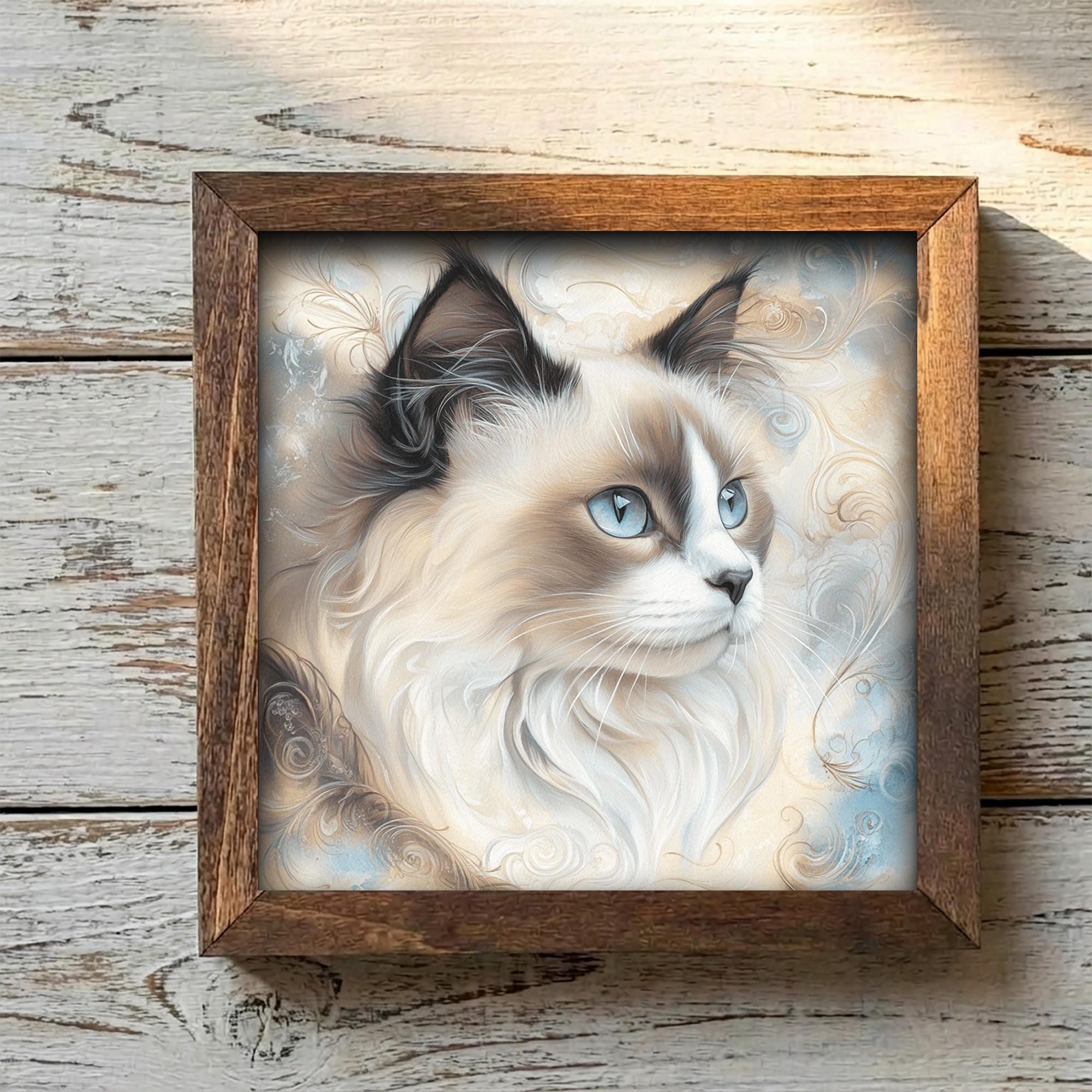 Framed Watercolor Cat Art Print | Rustic Farmhouse Shelf Decor