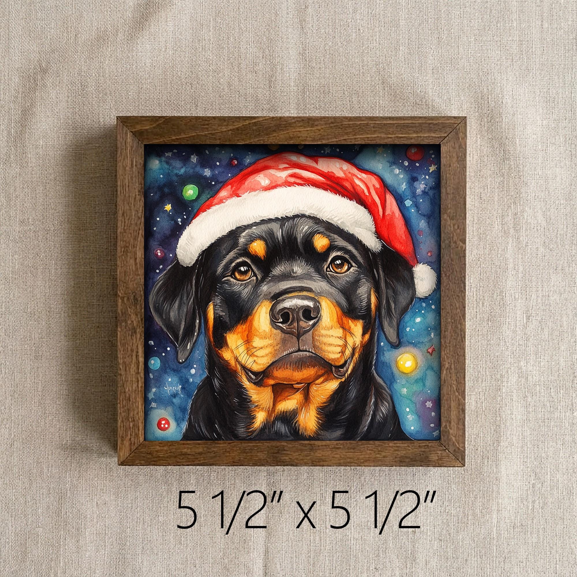 Framed Rottweiler Santa Hat Art Print | Festive Dog Shelf Decor