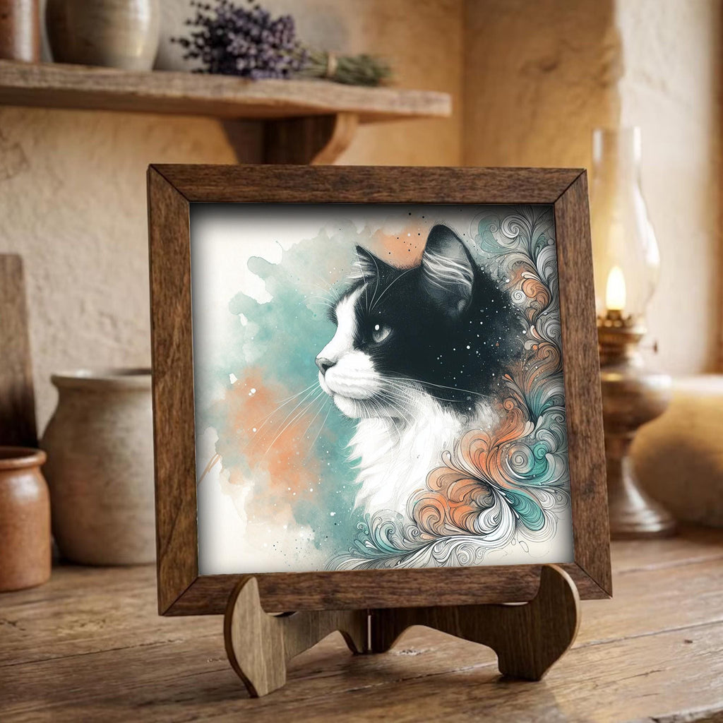 Framed Tuxedo Cat Art Print | Watercolor Farmhouse Shelf Decor