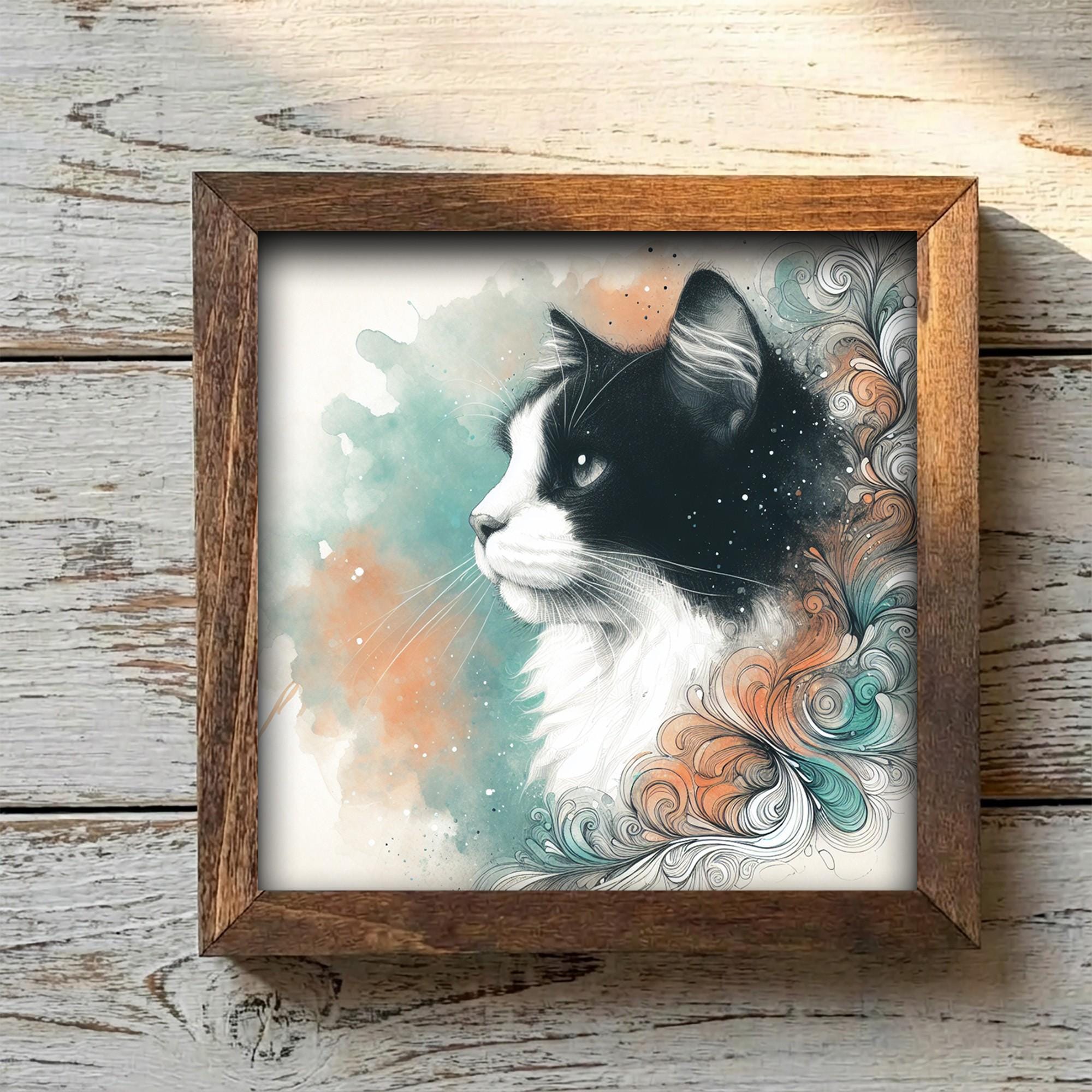 Framed Tuxedo Cat Art Print | Watercolor Farmhouse Shelf Decor