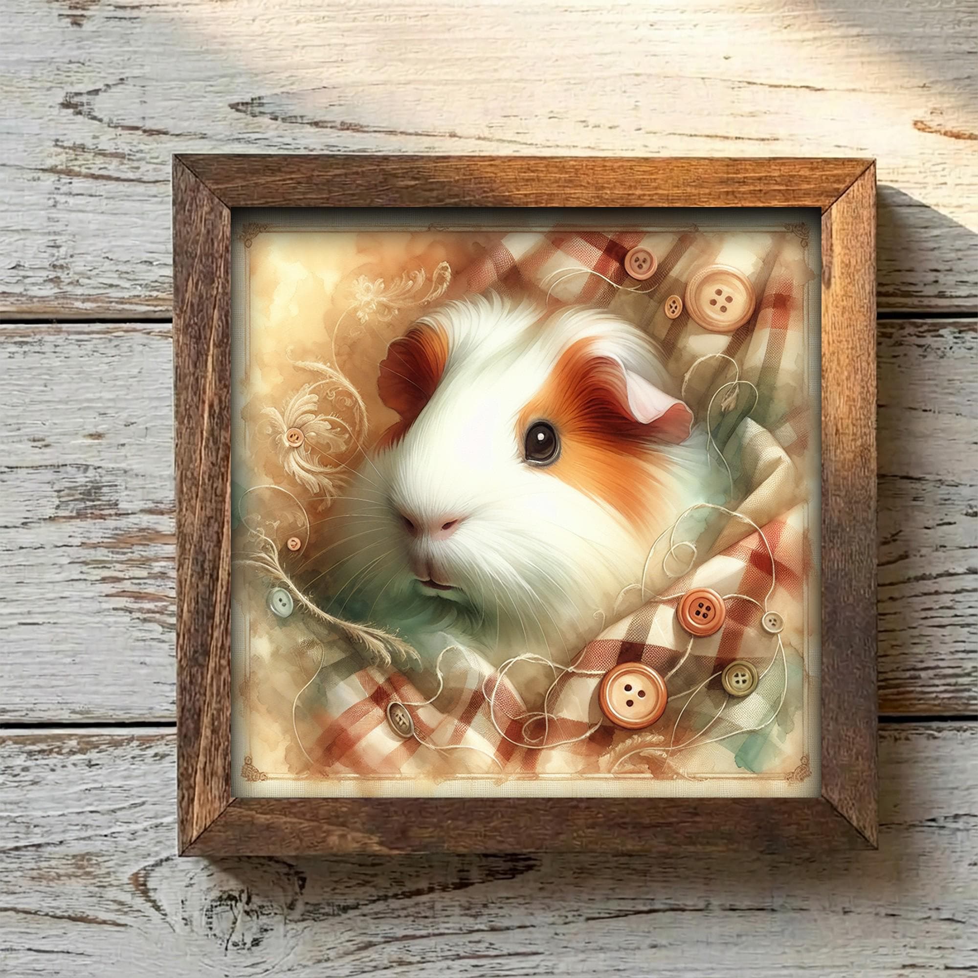 Framed Guinea Pig Art Print | Rustic Farmhouse Shelf Decor