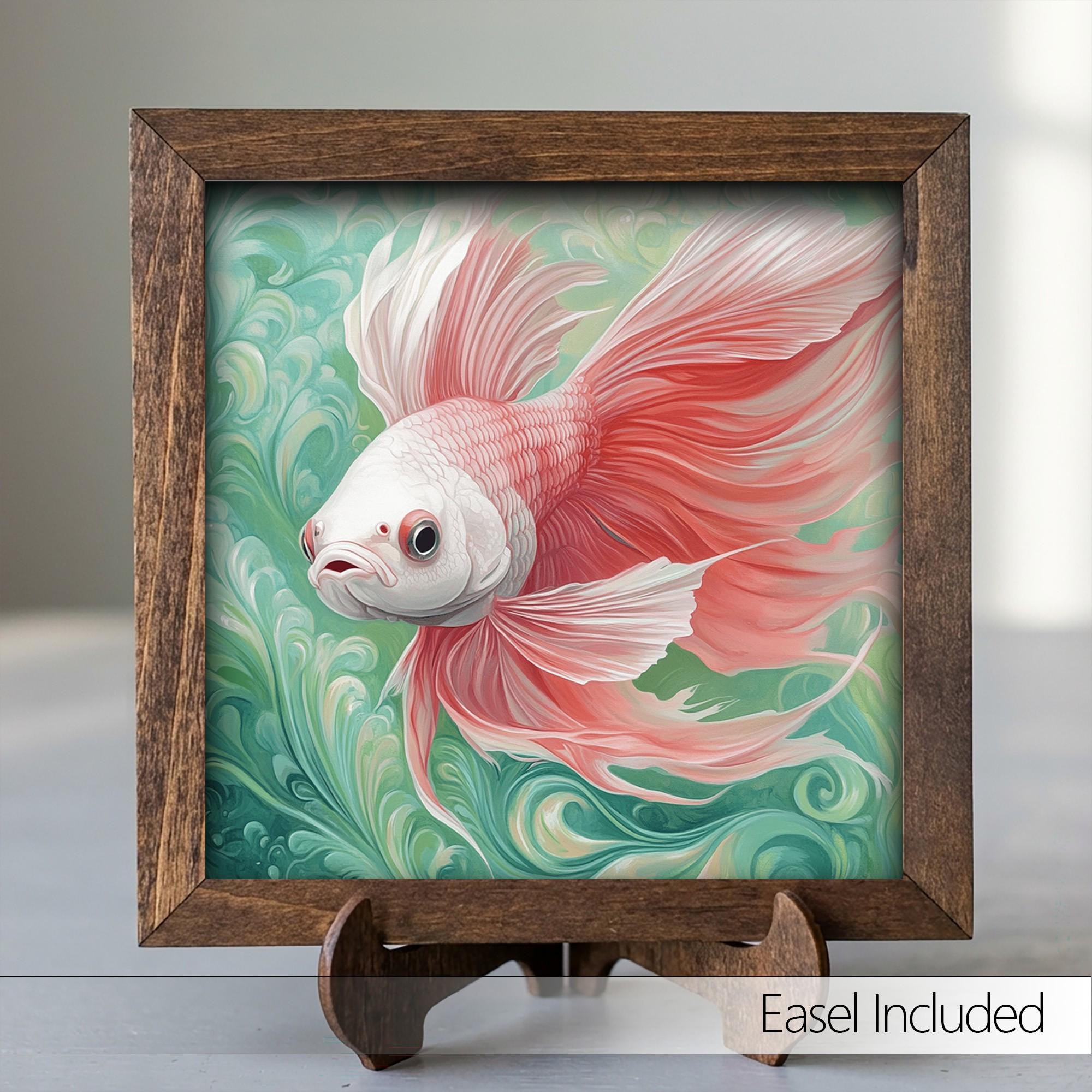 Framed Pink Betta Fish Art Print | Rustic Farmhouse Shelf Decor
