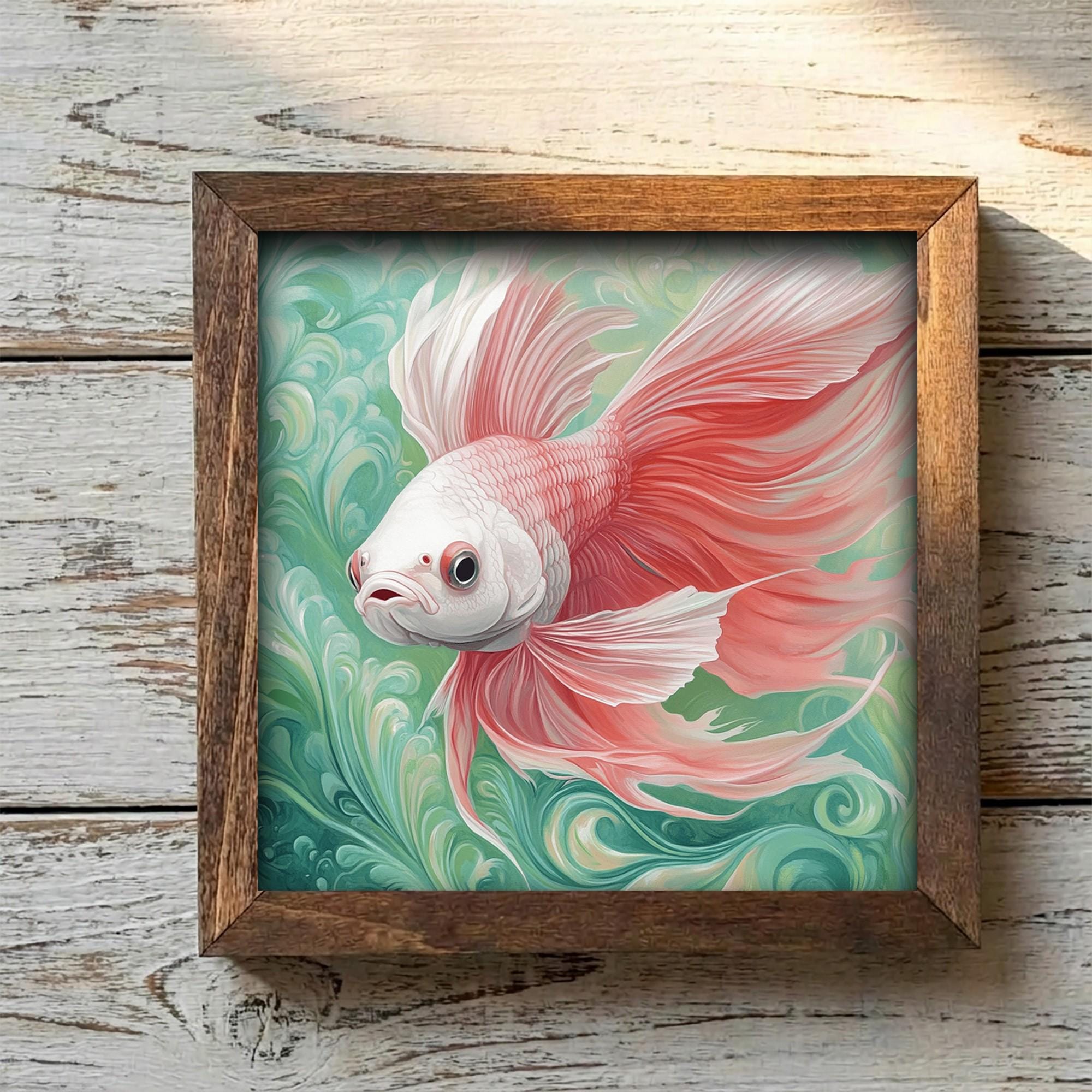 Framed Pink Betta Fish Art Print | Rustic Farmhouse Shelf Decor