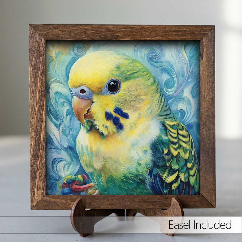 Framed Parakeet Art Print | Watercolor Bird Wall Decor (Easel Included)