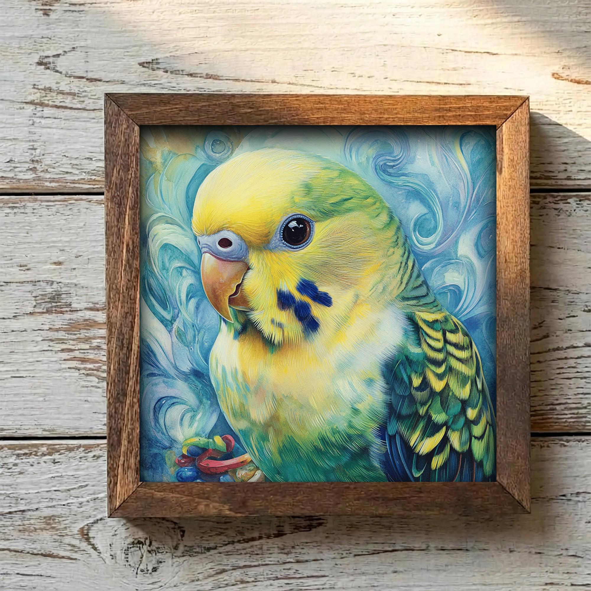 Framed Parakeet Art Print | Watercolor Bird Wall Decor (Easel Included)