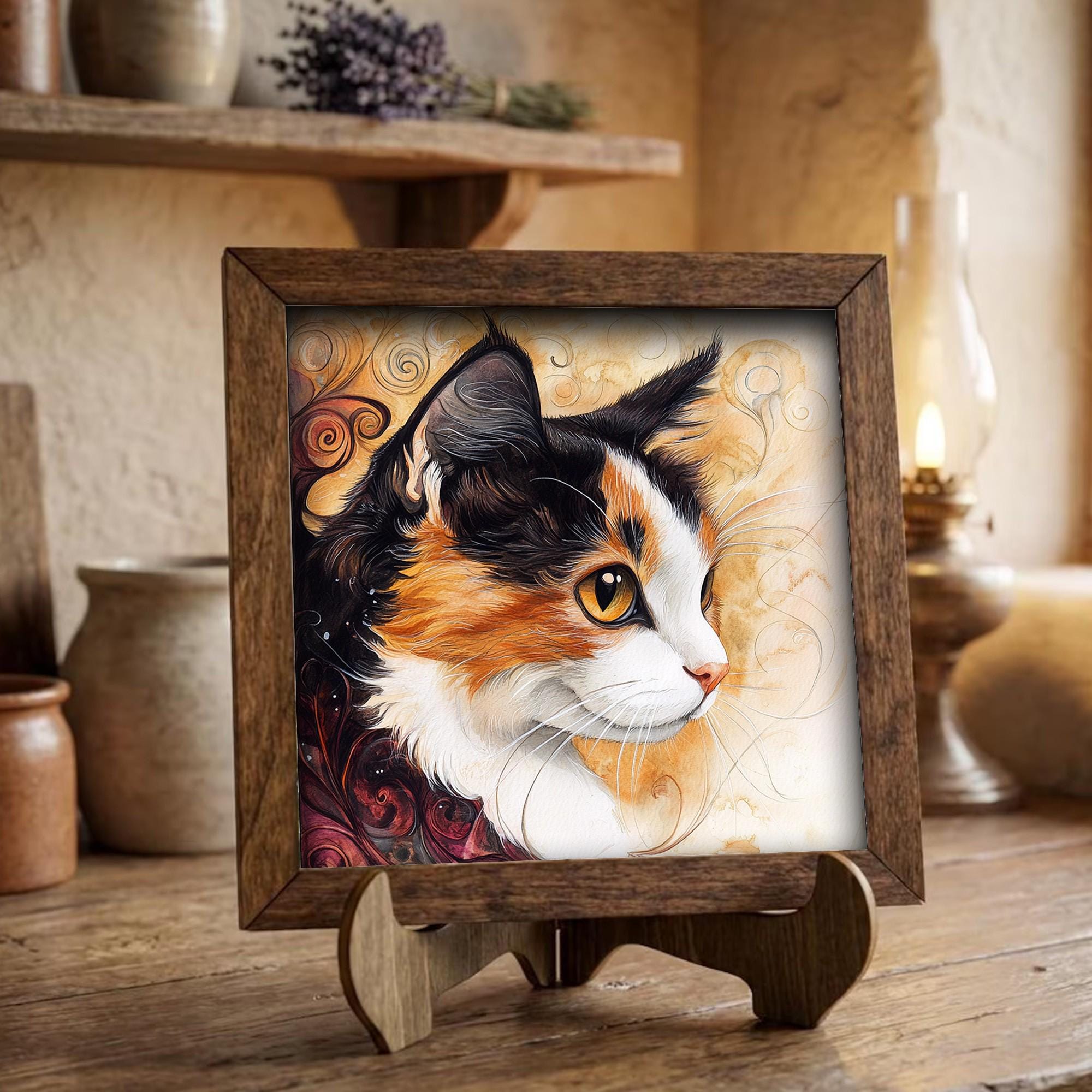 Framed Calico Cat Art Print | Rustic Farmhouse Shelf Decor