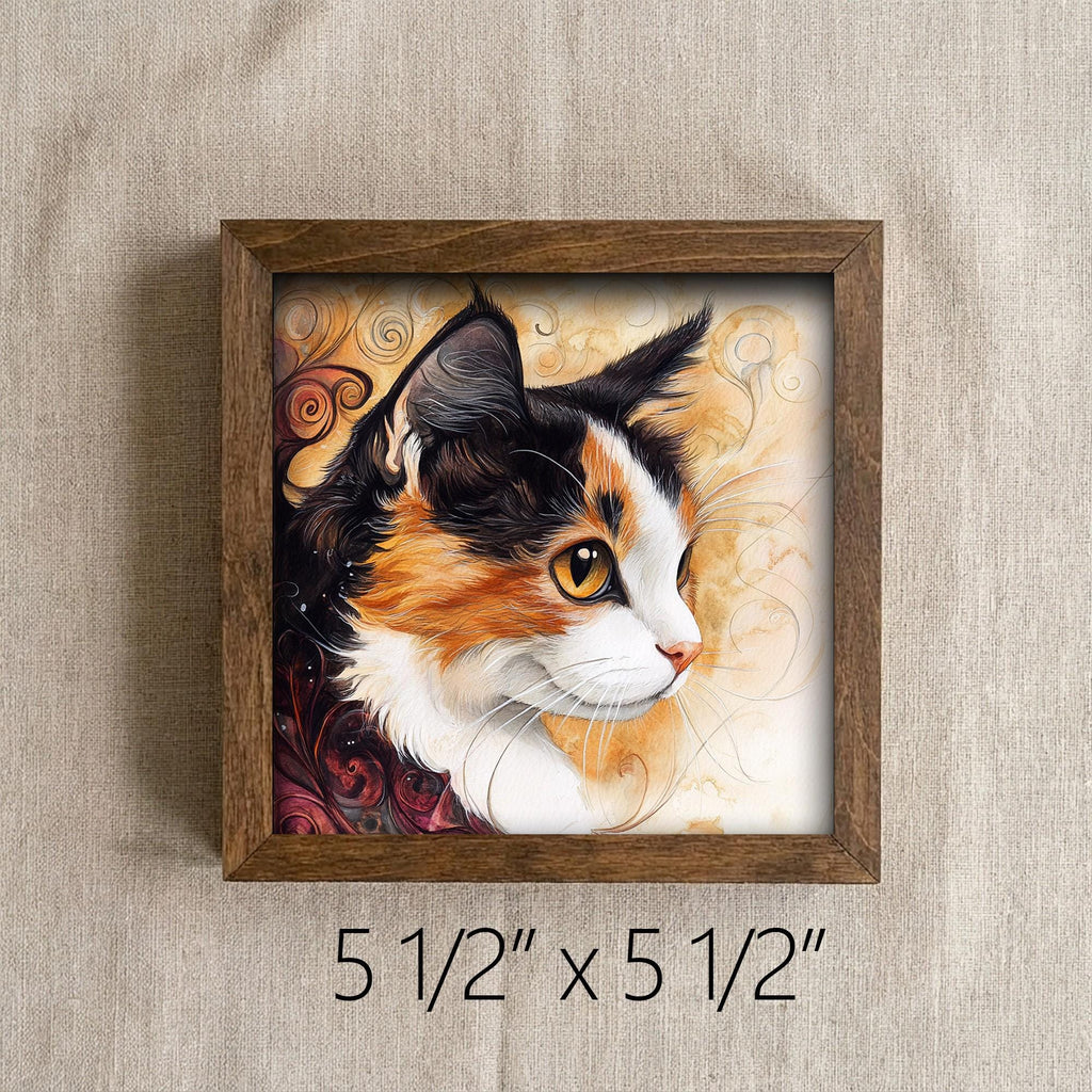 Framed Calico Cat Art Print | Rustic Farmhouse Shelf Decor