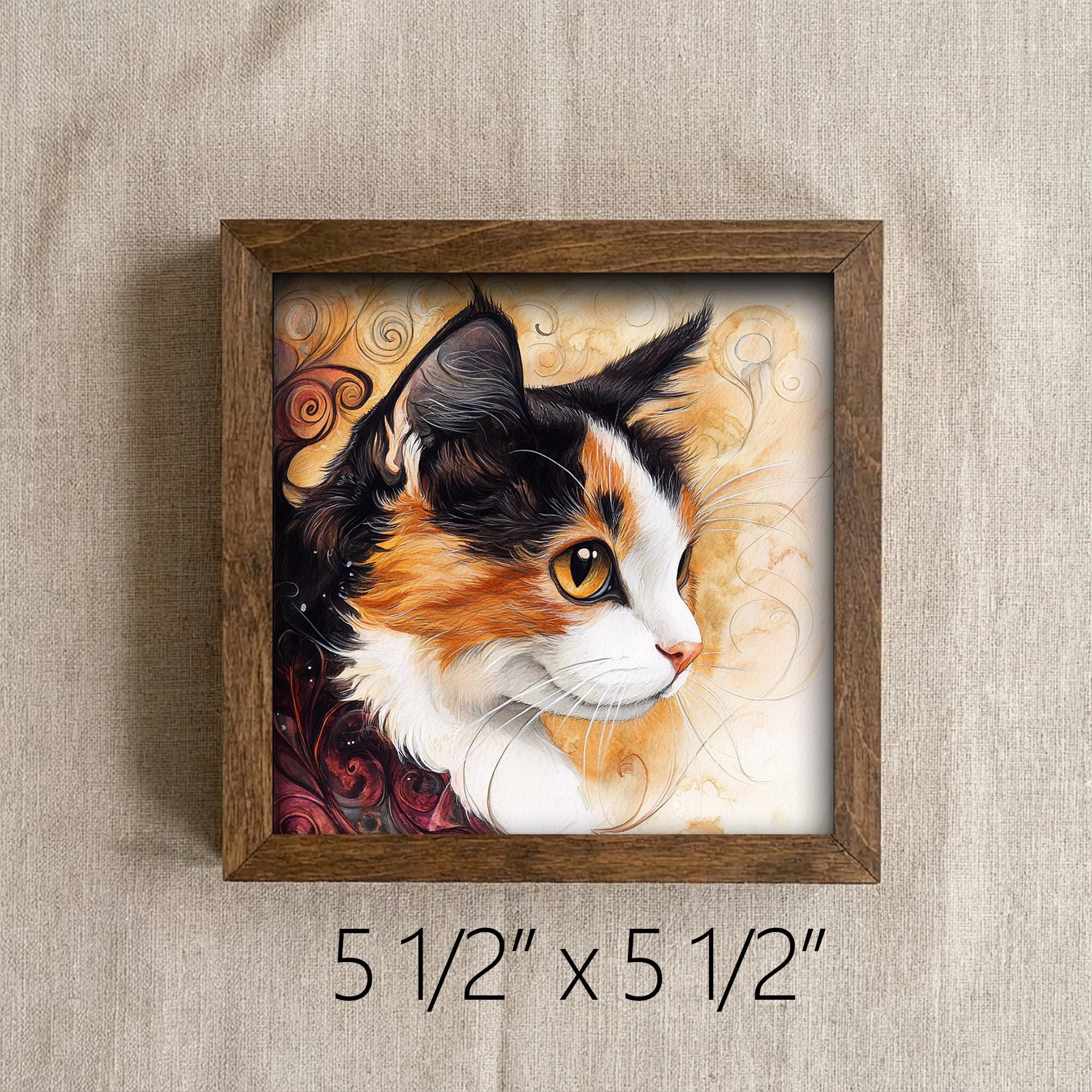 Framed Calico Cat Art Print | Rustic Farmhouse Shelf Decor