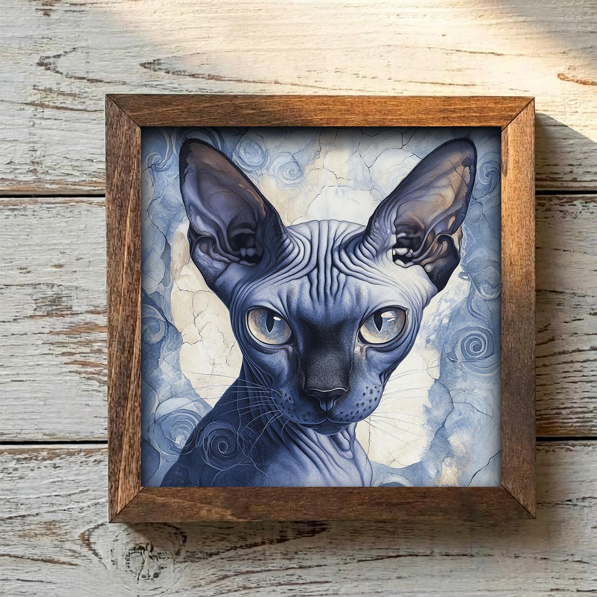 Framed Sphynx Cat Art Print | Blue Watercolor Pet Portrait Decor