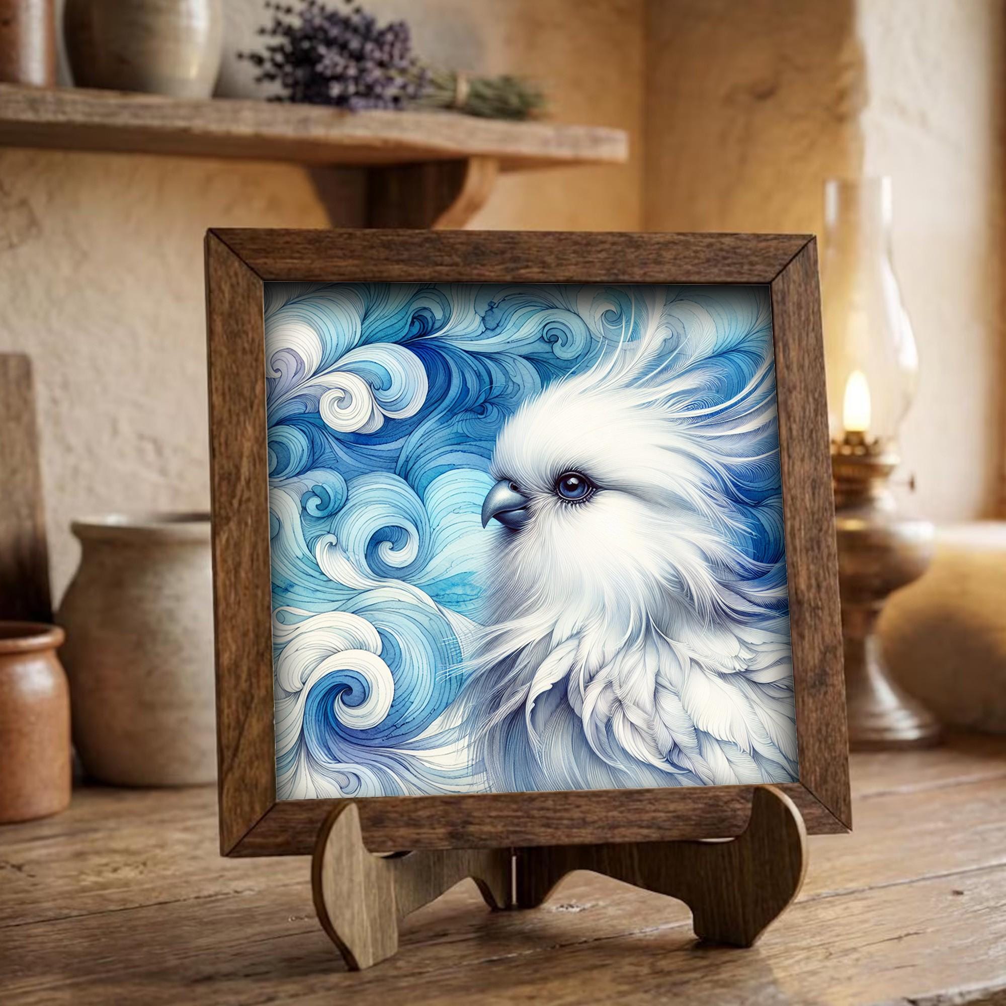 Framed White Dove Art Print | Blue Watercolor Bird Shelf Decor