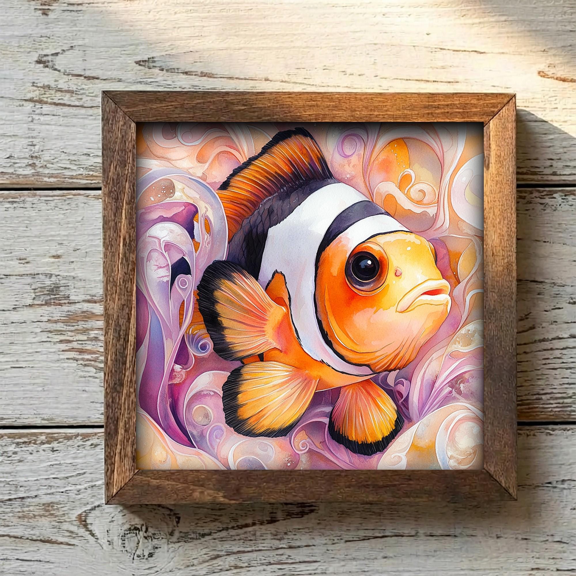 Framed Clownfish Art Print | Watercolor Ocean Fish Shelf Decor