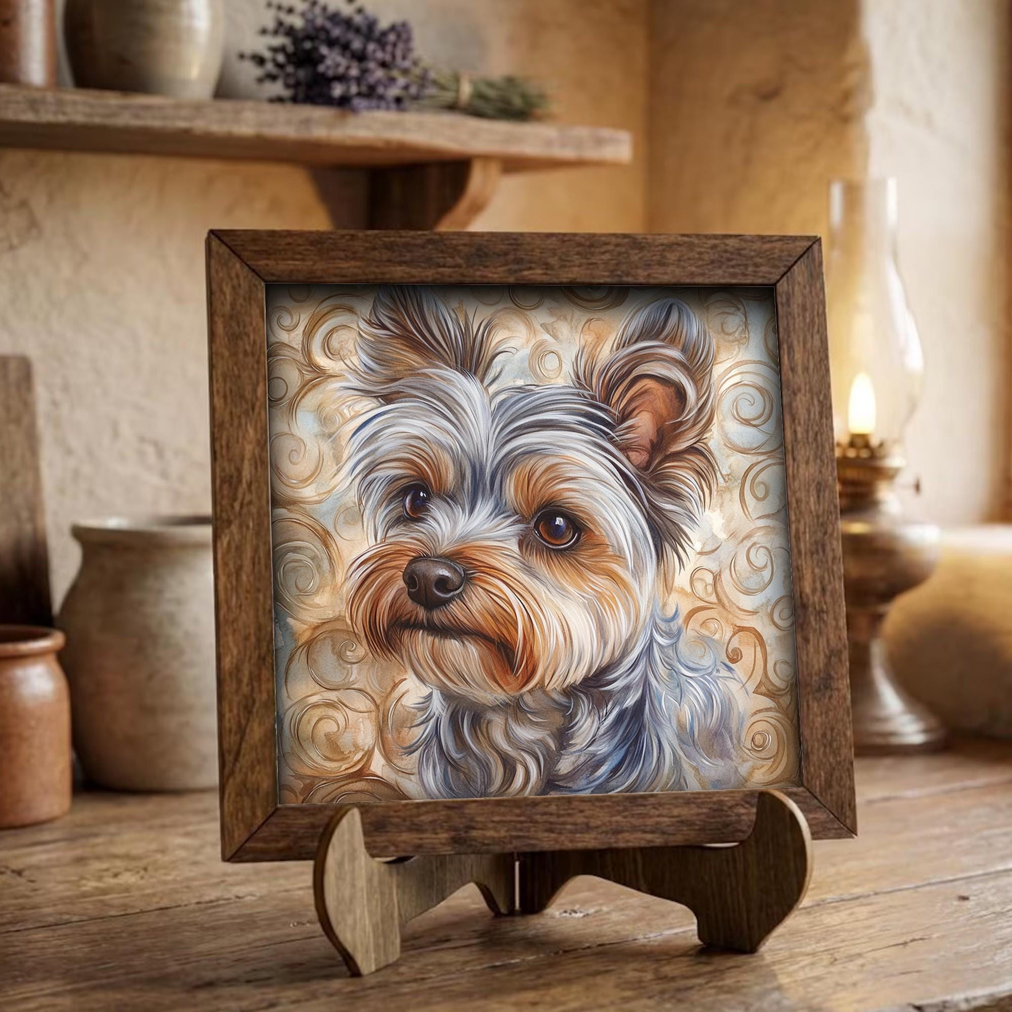 Framed Yorkie Art Print | Rustic Farmhouse Shelf Decor
