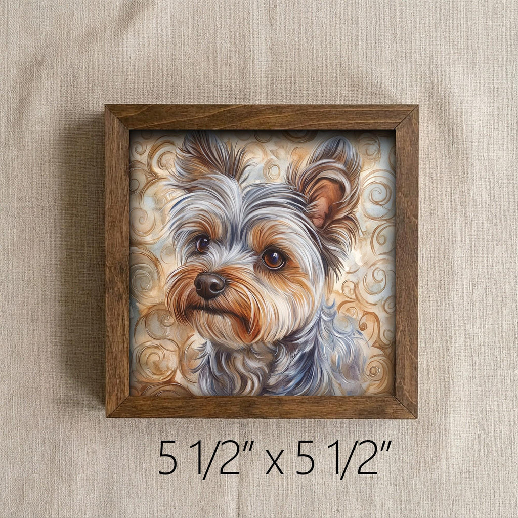 Framed Yorkie Art Print | Rustic Farmhouse Shelf Decor