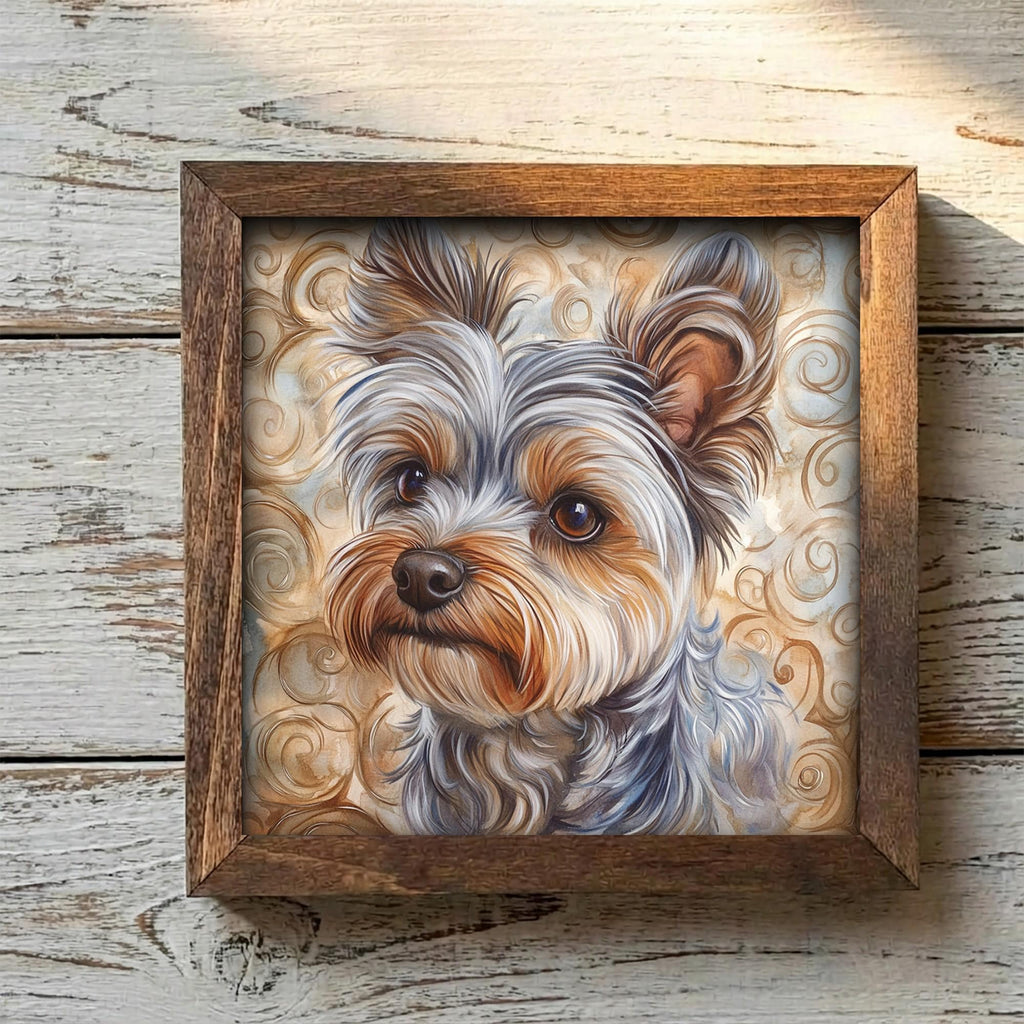 Framed Yorkie Art Print | Rustic Farmhouse Shelf Decor