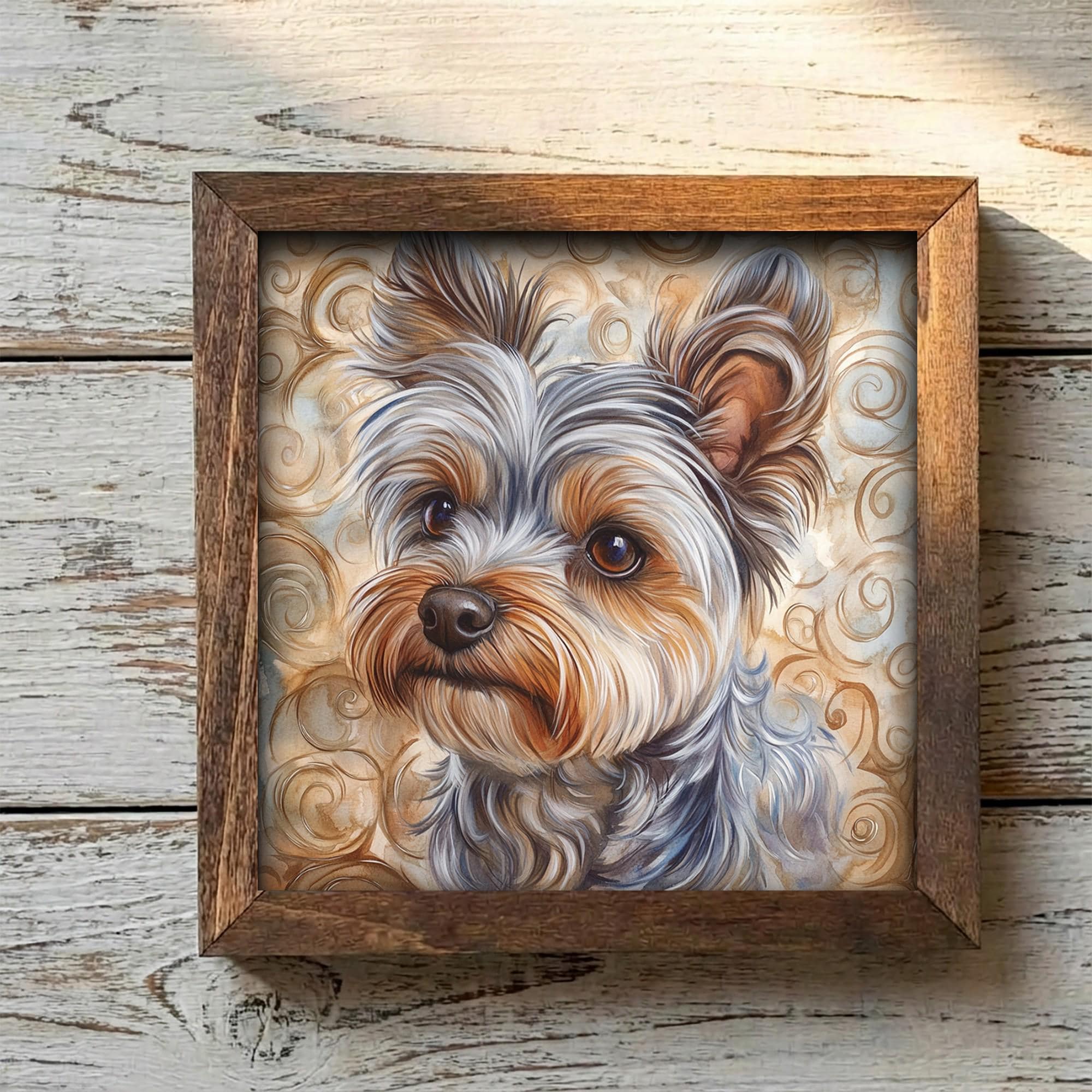 Framed Yorkie Art Print | Rustic Farmhouse Shelf Decor