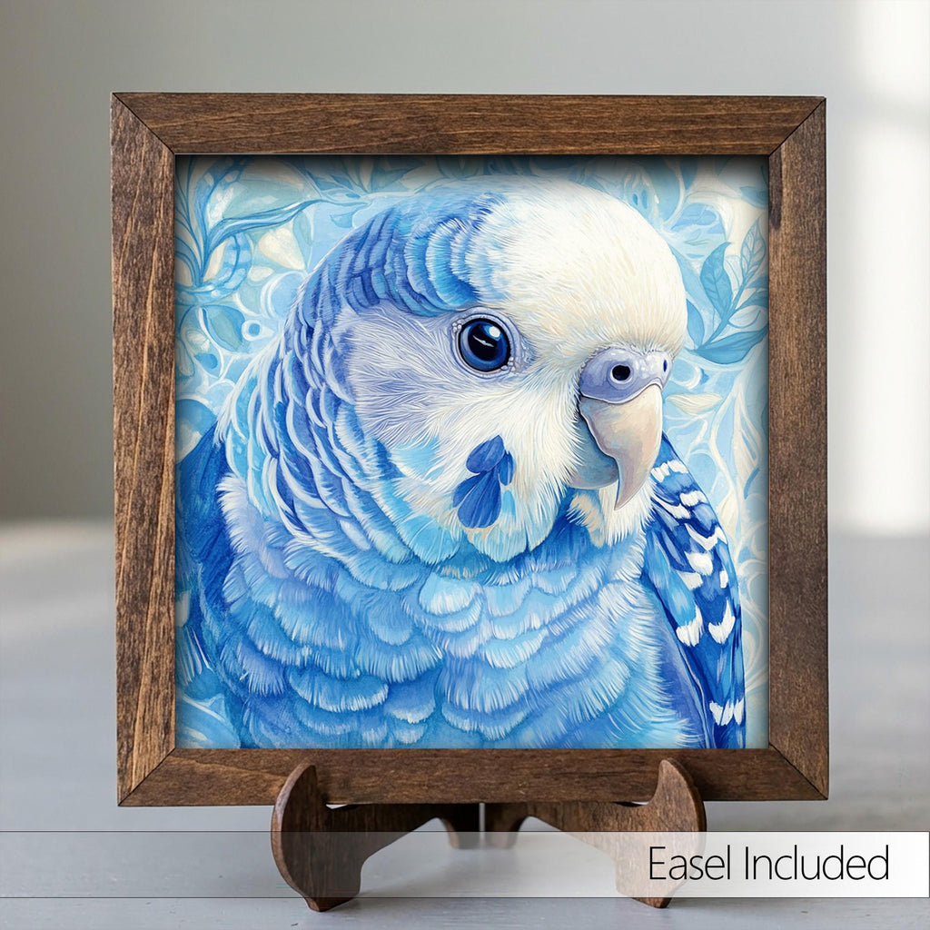 Framed Blue Parakeet Art Print | Rustic Farmhouse Bird Decor