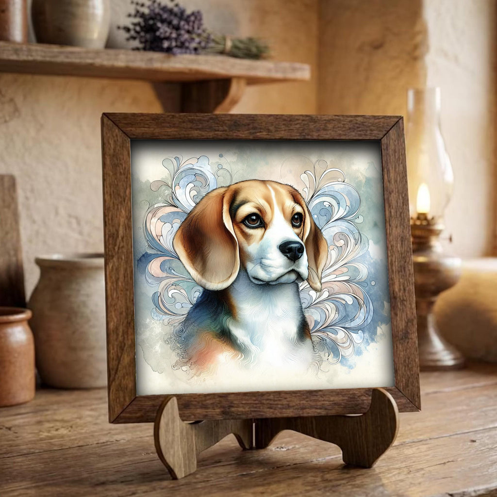 Framed Beagle Dog Art Print | Rustic Farmhouse Shelf Decor