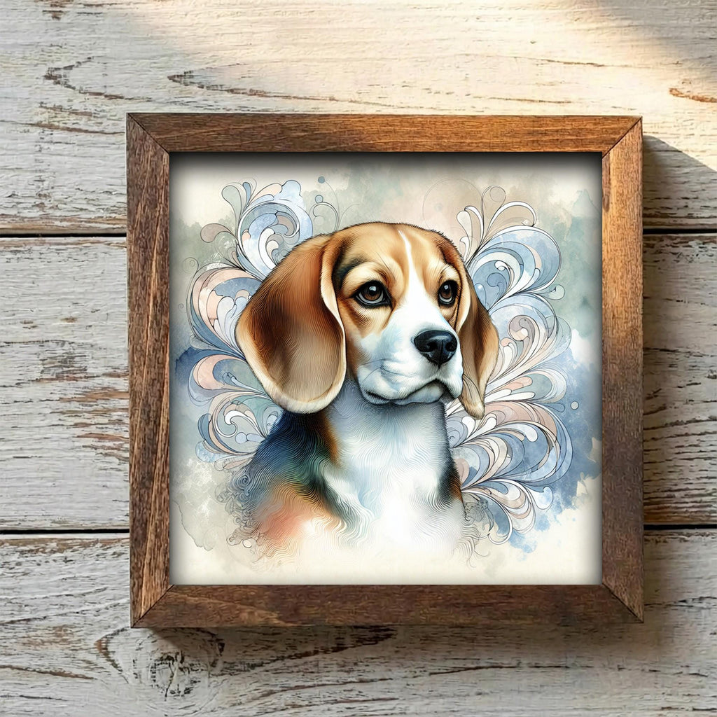 Framed Beagle Dog Art Print | Rustic Farmhouse Shelf Decor