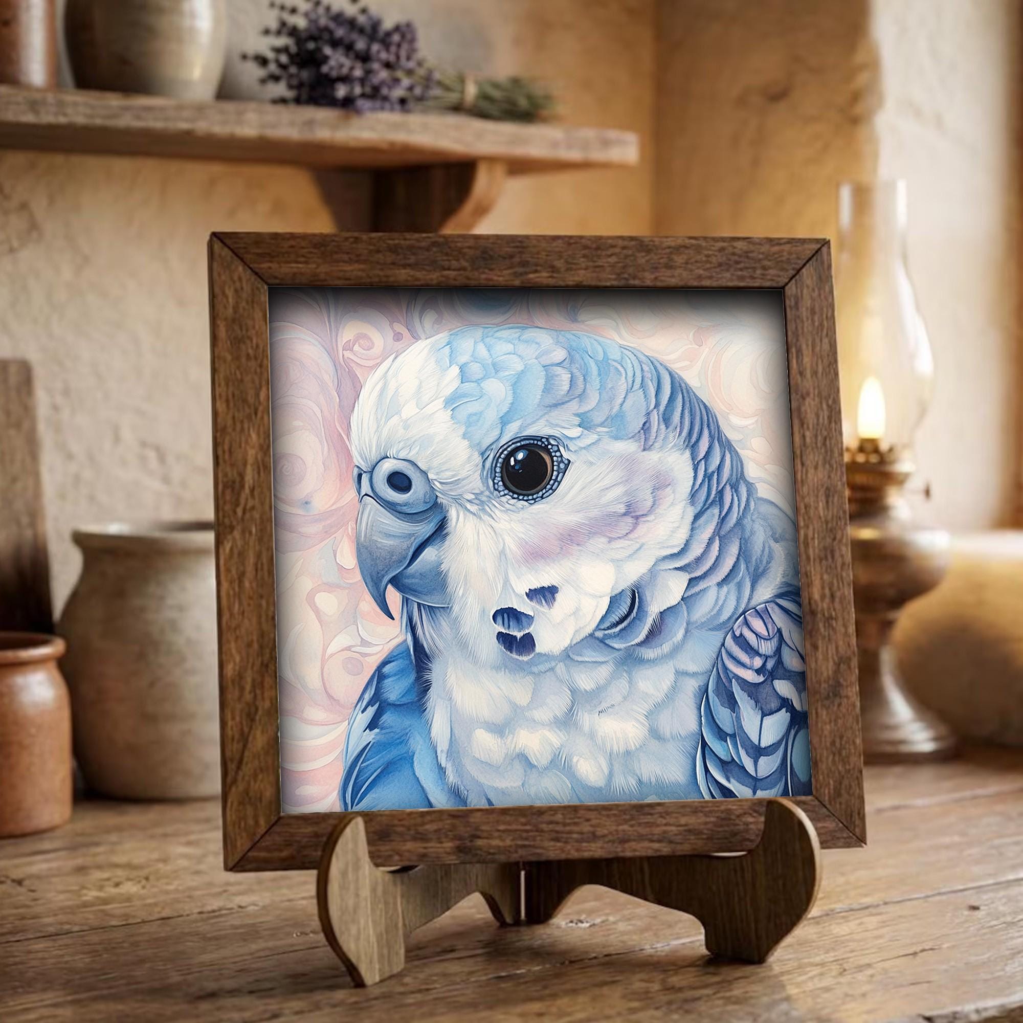 Framed Blue Parakeet Art Print | Rustic Farmhouse Bird Decor