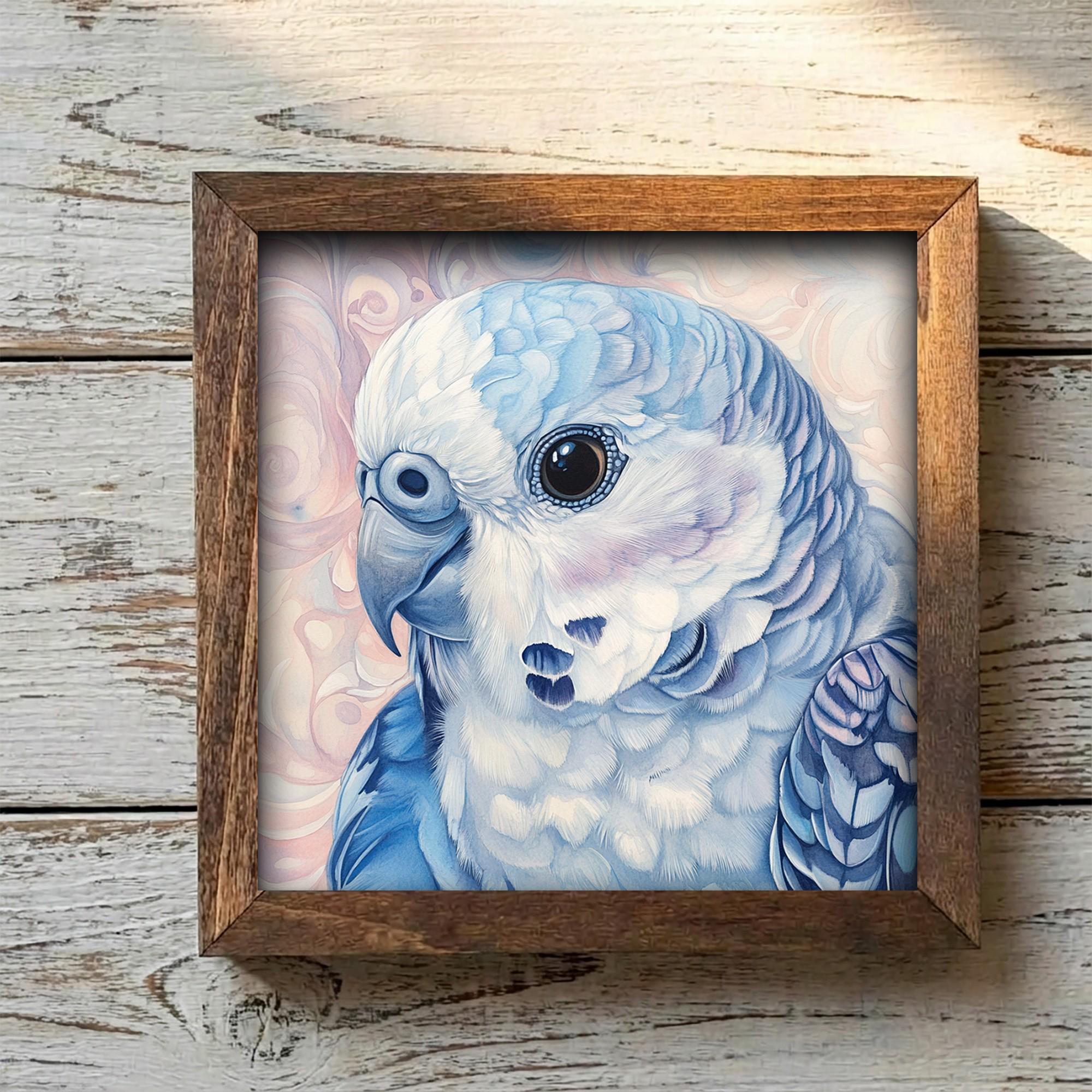 Framed Blue Parakeet Art Print | Rustic Farmhouse Bird Decor