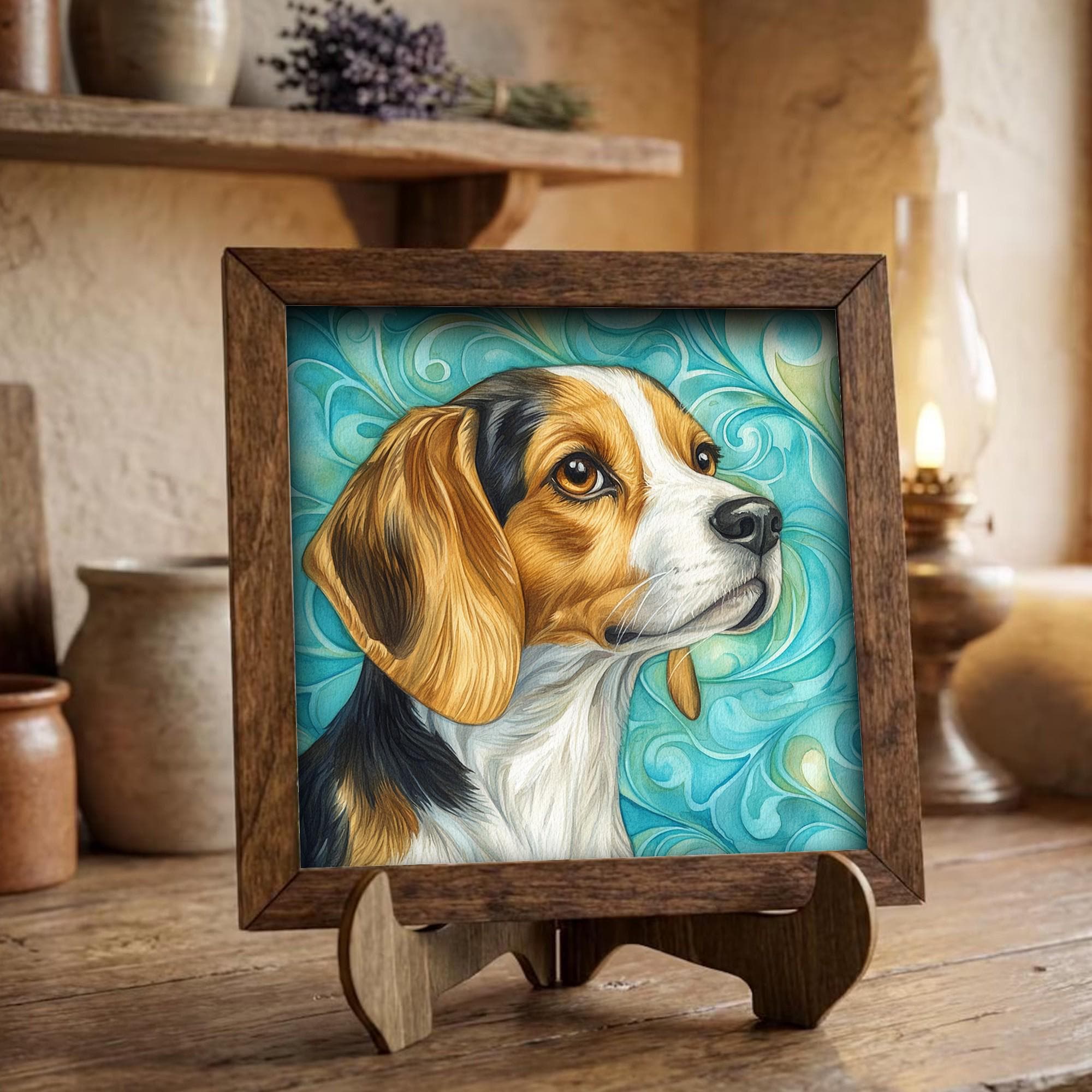 Framed Beagle Art Print | Watercolor Dog Portrait Shelf Decor