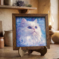 Framed White Cat Art Print | Blue Swirl Watercolor Pet Portrait