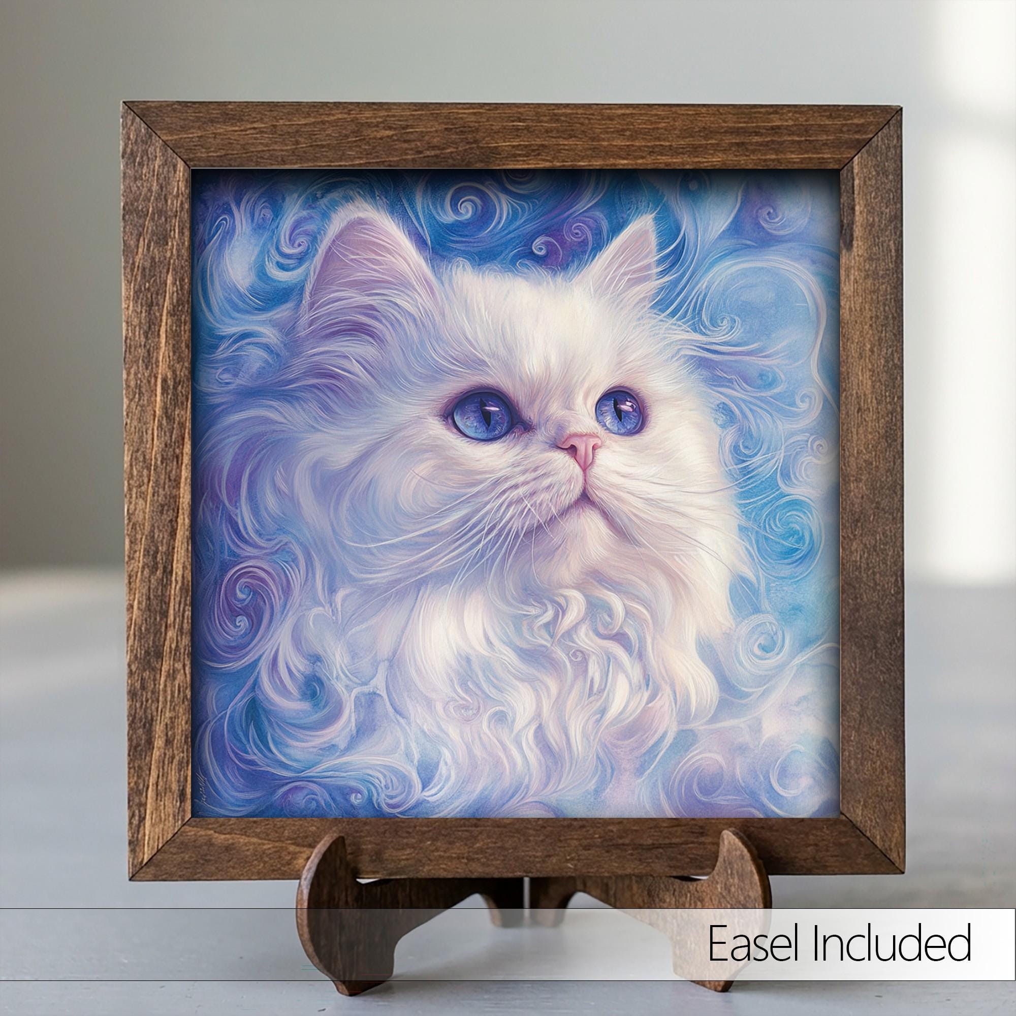 Framed White Cat Art Print | Blue Swirl Watercolor Pet Portrait