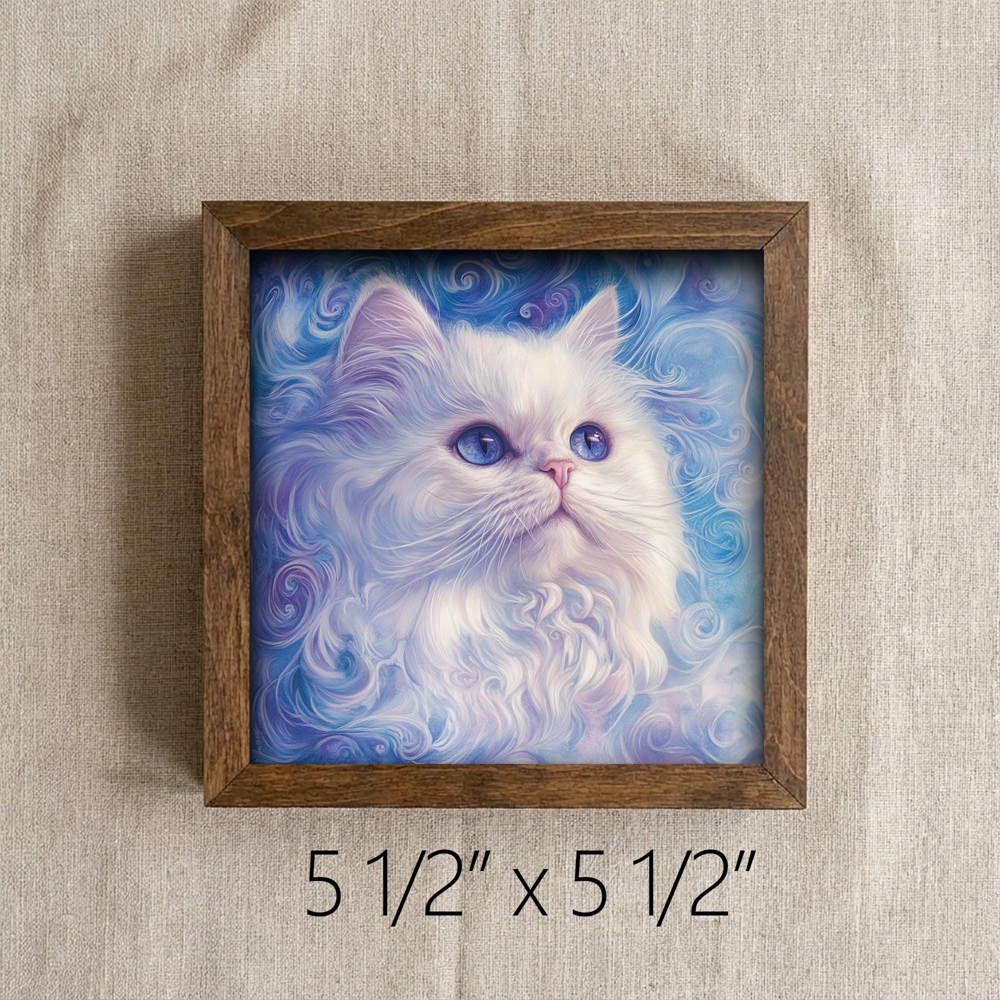 Framed White Cat Art Print | Blue Swirl Watercolor Pet Portrait