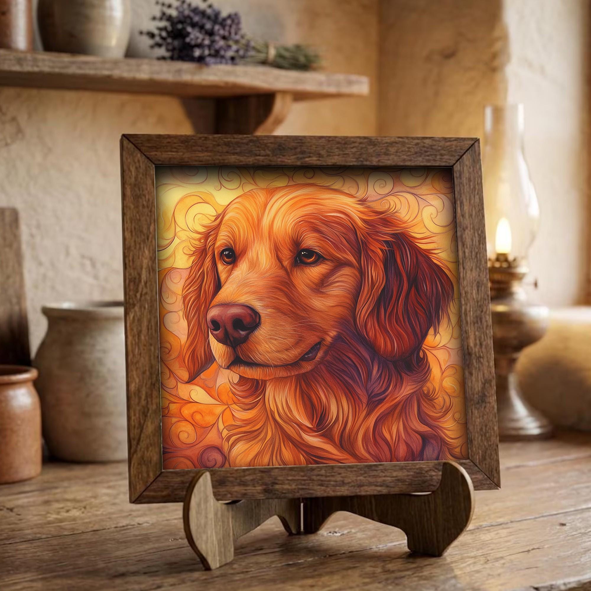 Framed Golden Retriever Art Print | Rustic Farmhouse Shelf Decor