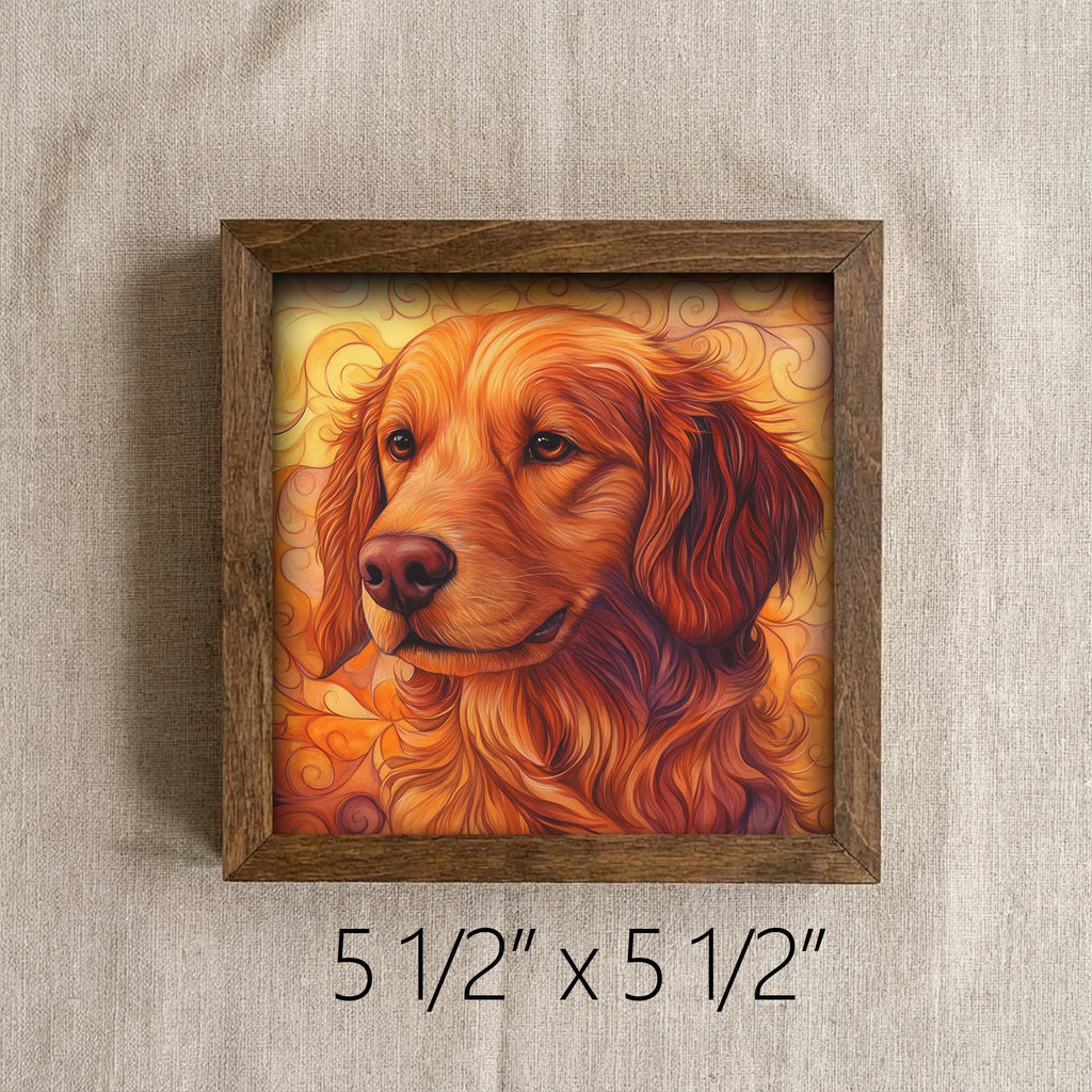 Framed Golden Retriever Art Print | Rustic Farmhouse Shelf Decor