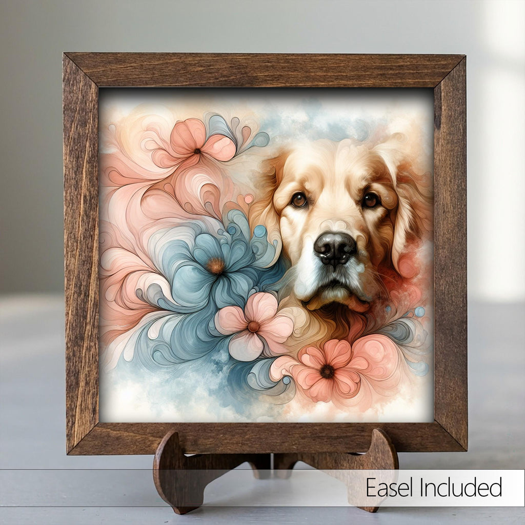 Framed Golden Retriever Art Print | Watercolor Floral Pet Portrait