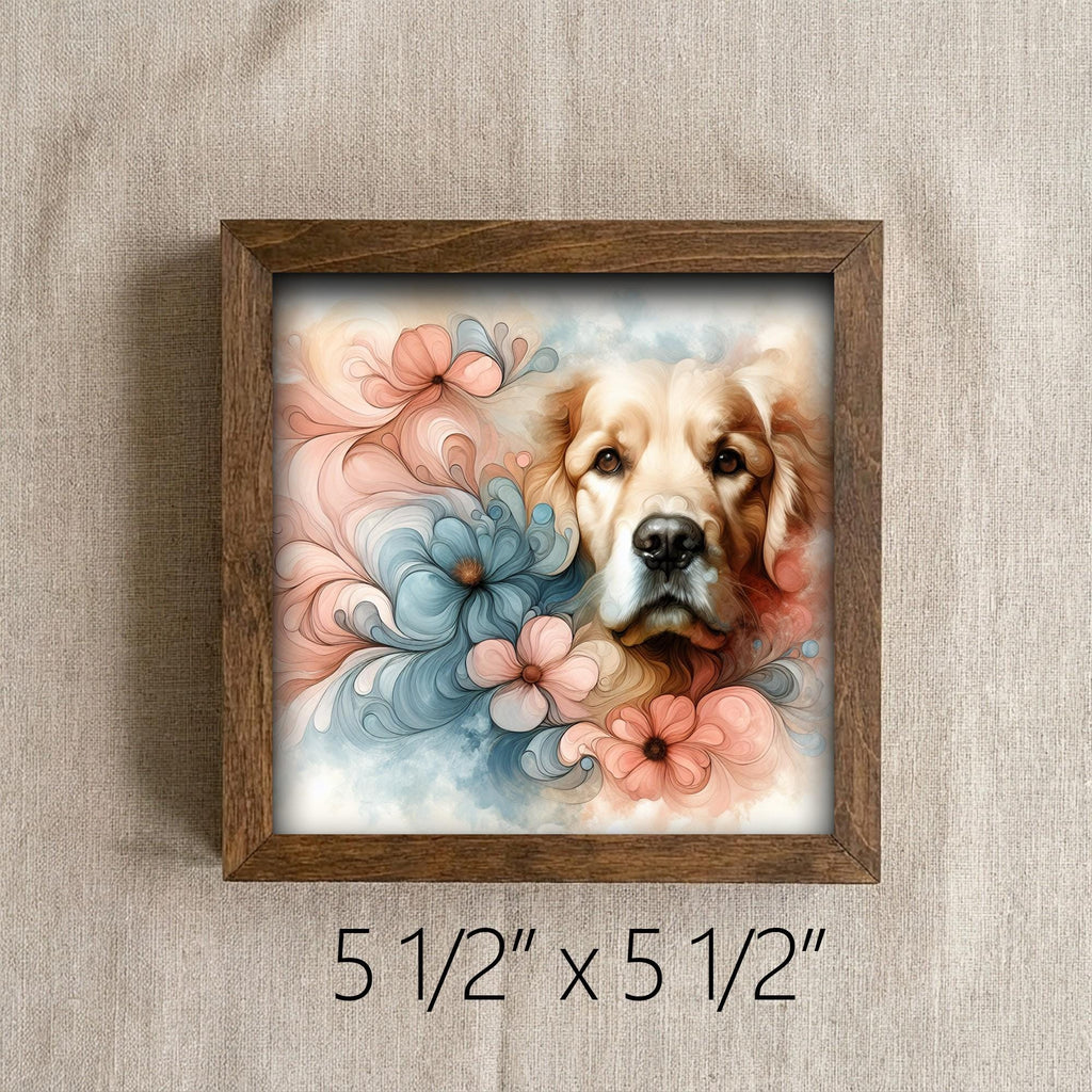 Framed Golden Retriever Art Print | Watercolor Floral Pet Portrait