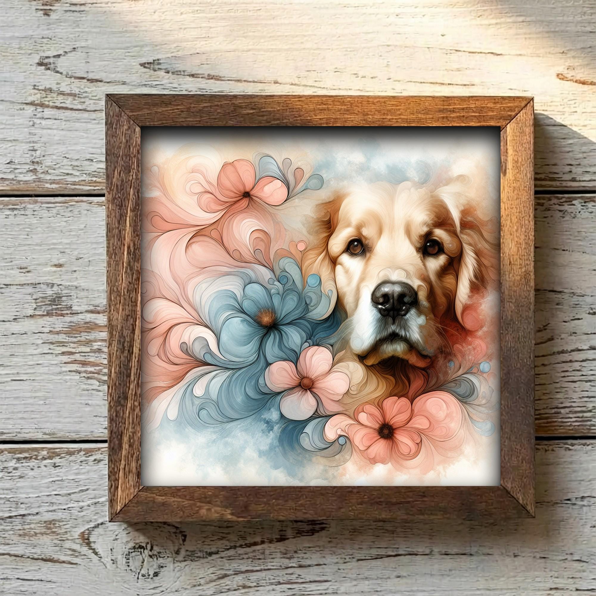 Framed Golden Retriever Art Print | Watercolor Floral Pet Portrait