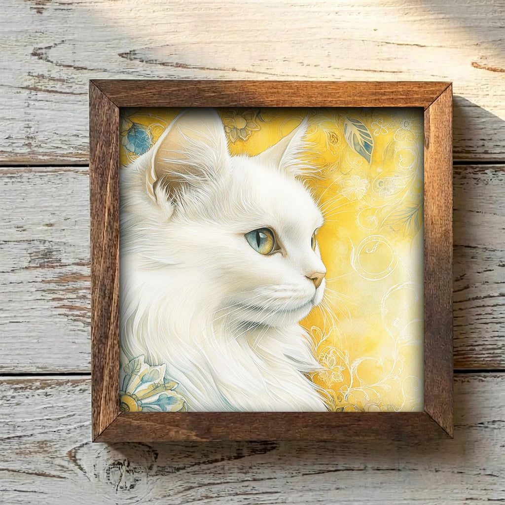 Framed White Cat Art Print | Rustic Farmhouse Shelf Decor