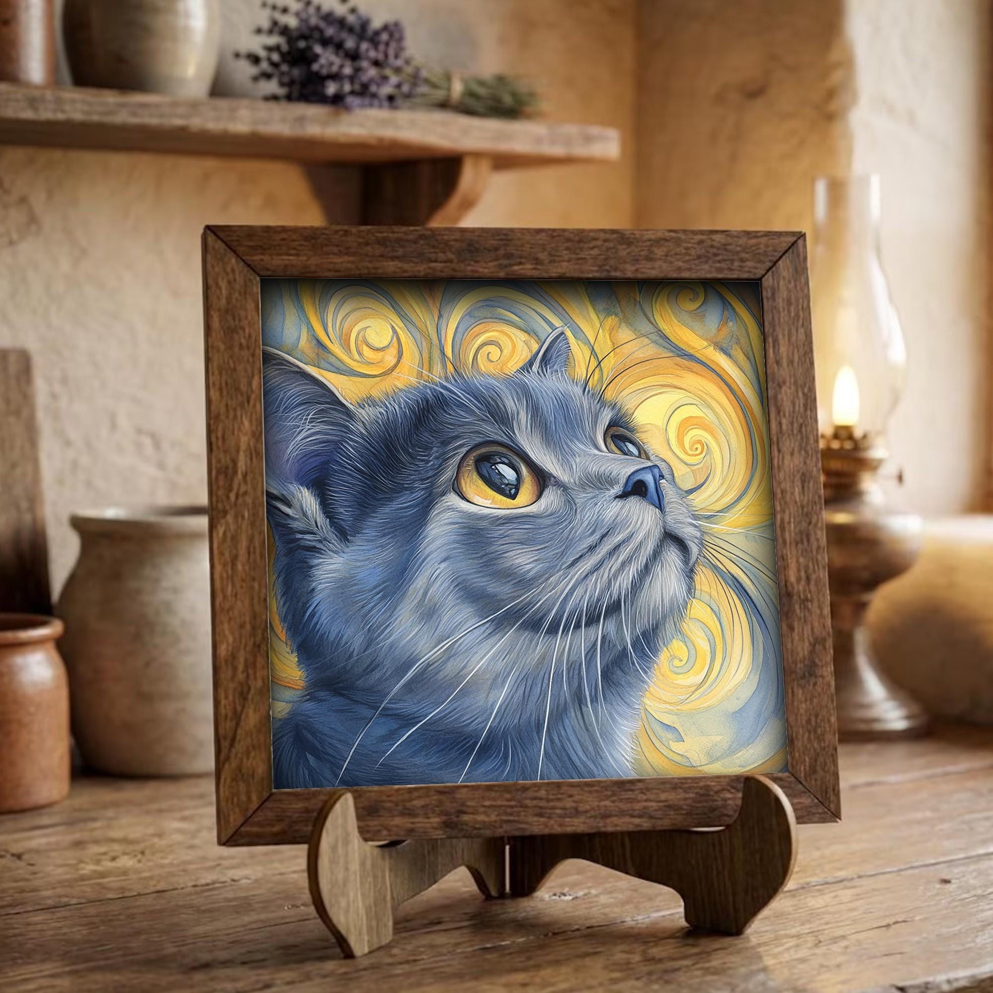 Framed Gray Cat Art Print | Rustic Farmhouse Shelf Decor