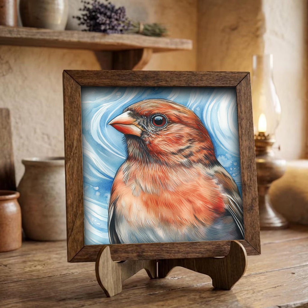 Framed Red Finch Art Print | Rustic Farmhouse Bird Decor