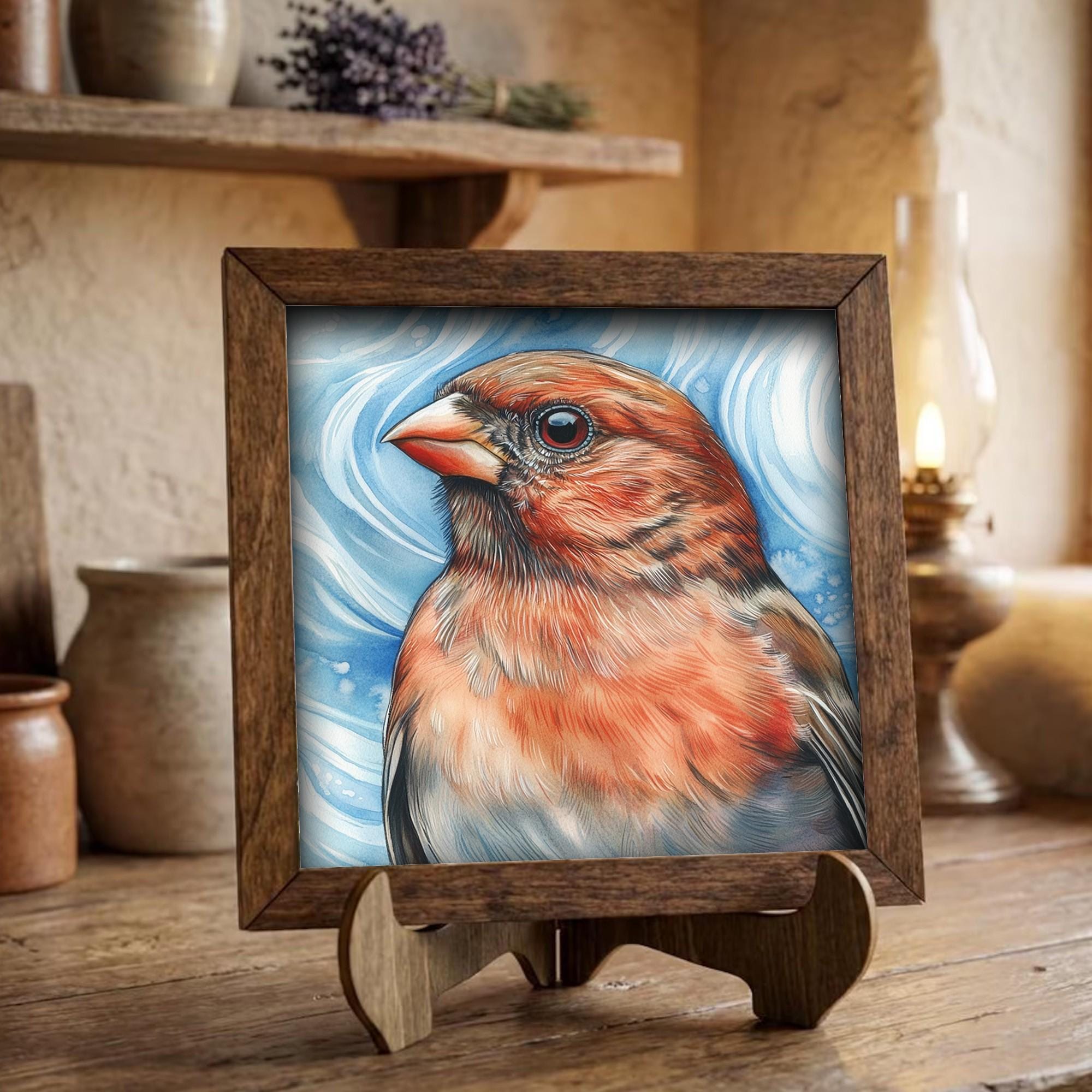 Framed Red Finch Art Print | Rustic Farmhouse Bird Decor