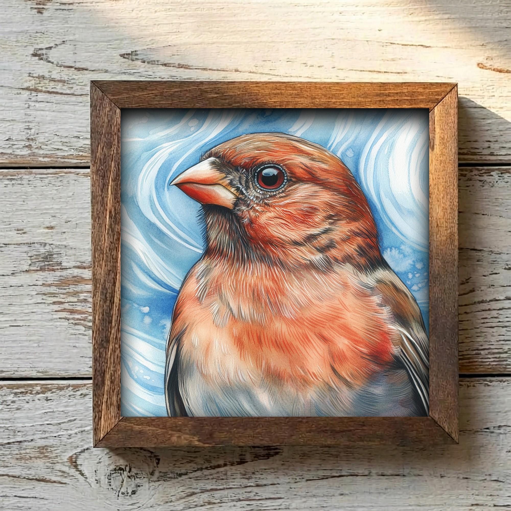 Framed Red Finch Art Print | Rustic Farmhouse Bird Decor