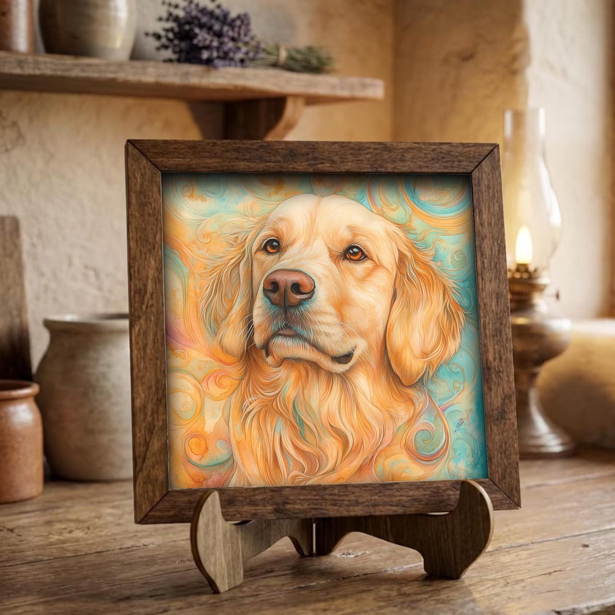 Framed Golden Retriever Art Print | Rustic Farmhouse Shelf Decor